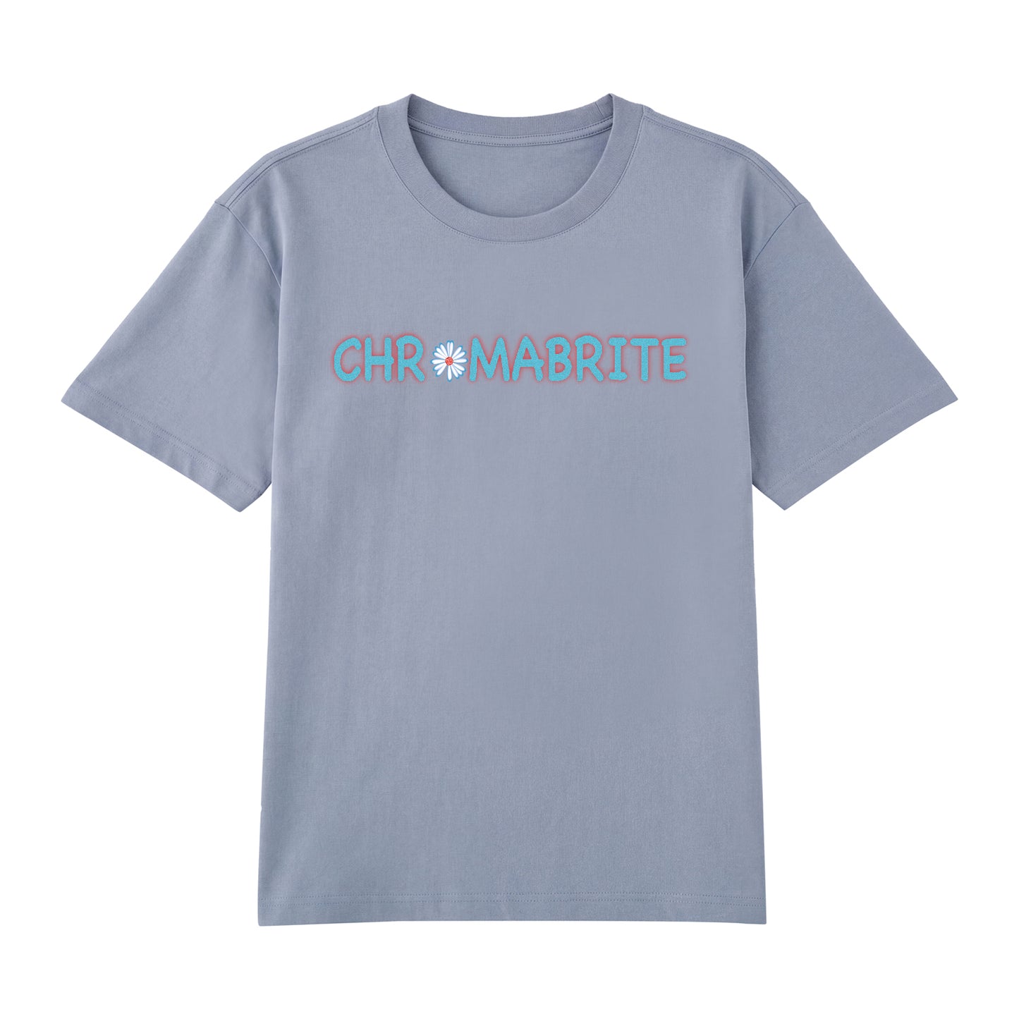 Detail view of blue t恤 featuring Daisy Interlock Wordmark Staple Tee