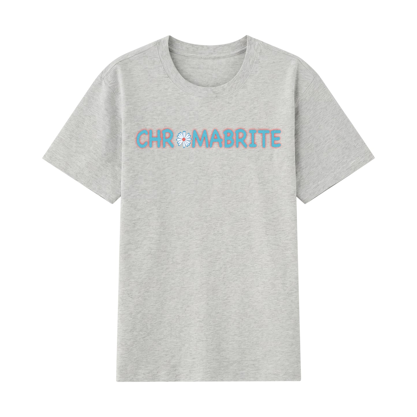 Detail view of gray t恤 featuring Daisy Interlock Wordmark Staple Tee