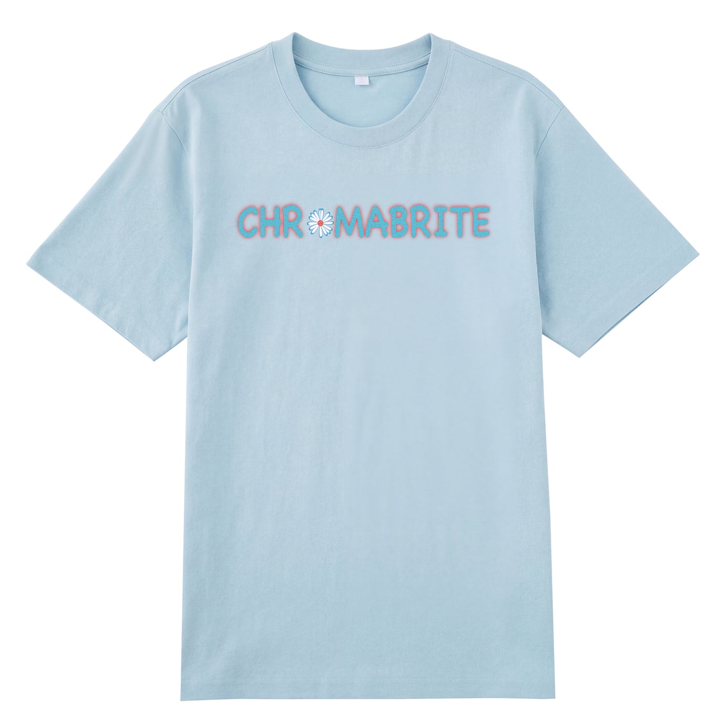 Detail view of blue t恤 featuring Daisy Interlock Wordmark Staple Tee