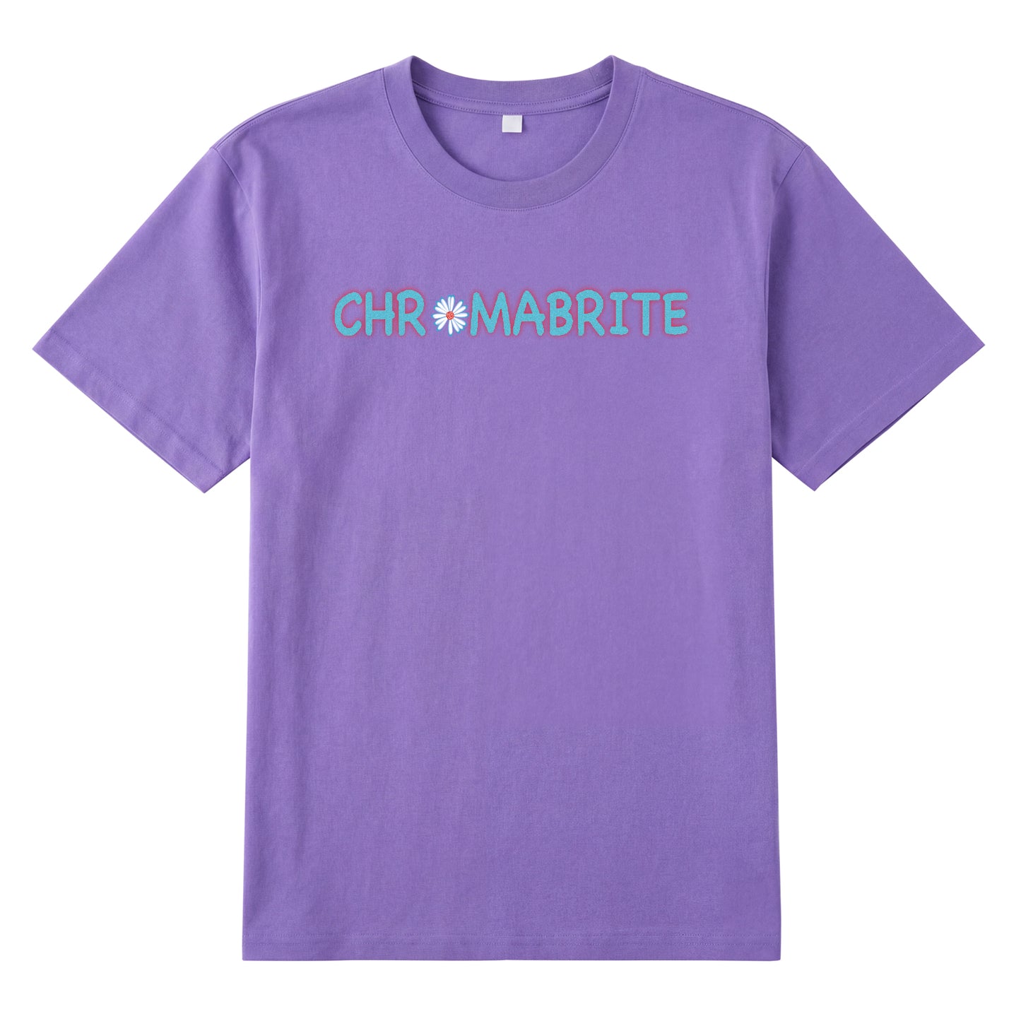 Detail view of purple t恤 featuring Daisy Interlock Wordmark Staple Tee