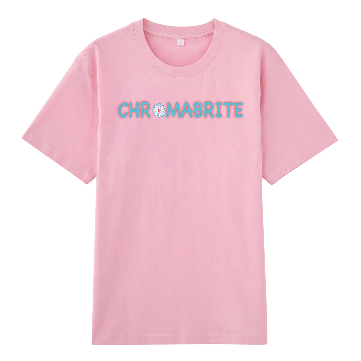 Detail view of pink t恤 featuring Daisy Interlock Wordmark Staple Tee