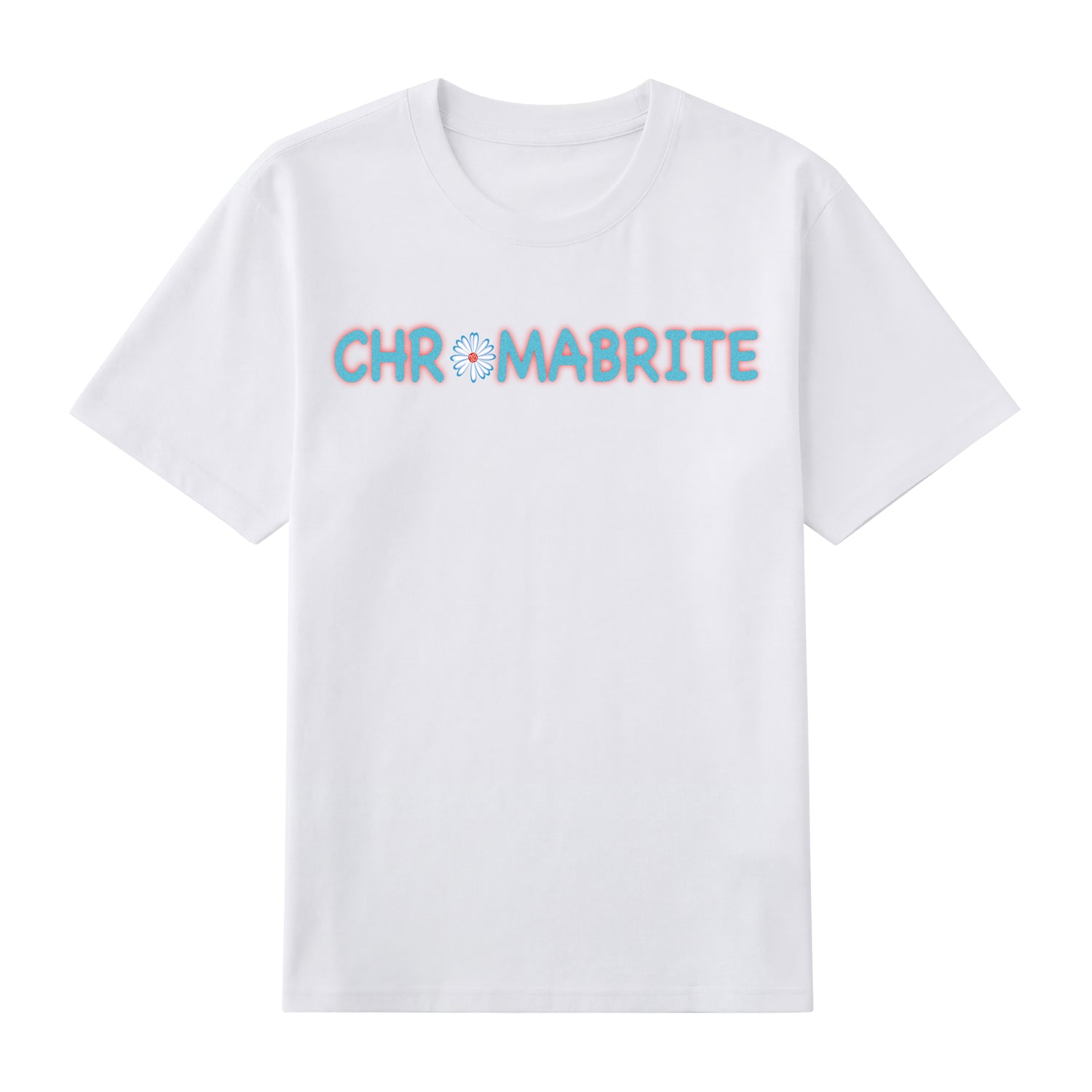 Detail view of white t恤 featuring Daisy Interlock Wordmark Staple Tee