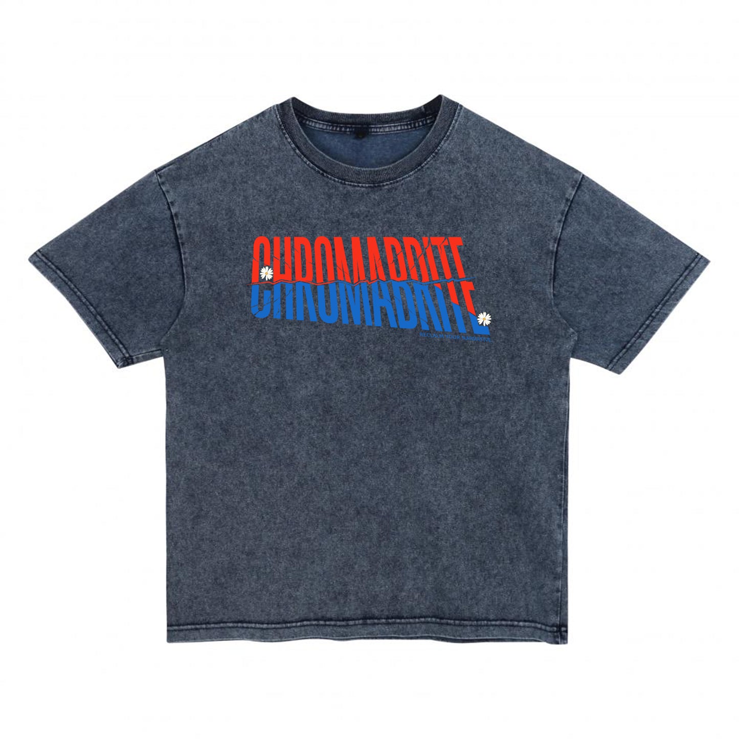 Front view of blue t恤 featuring Diagonal Narrative Wordmark Denim Washed Tee