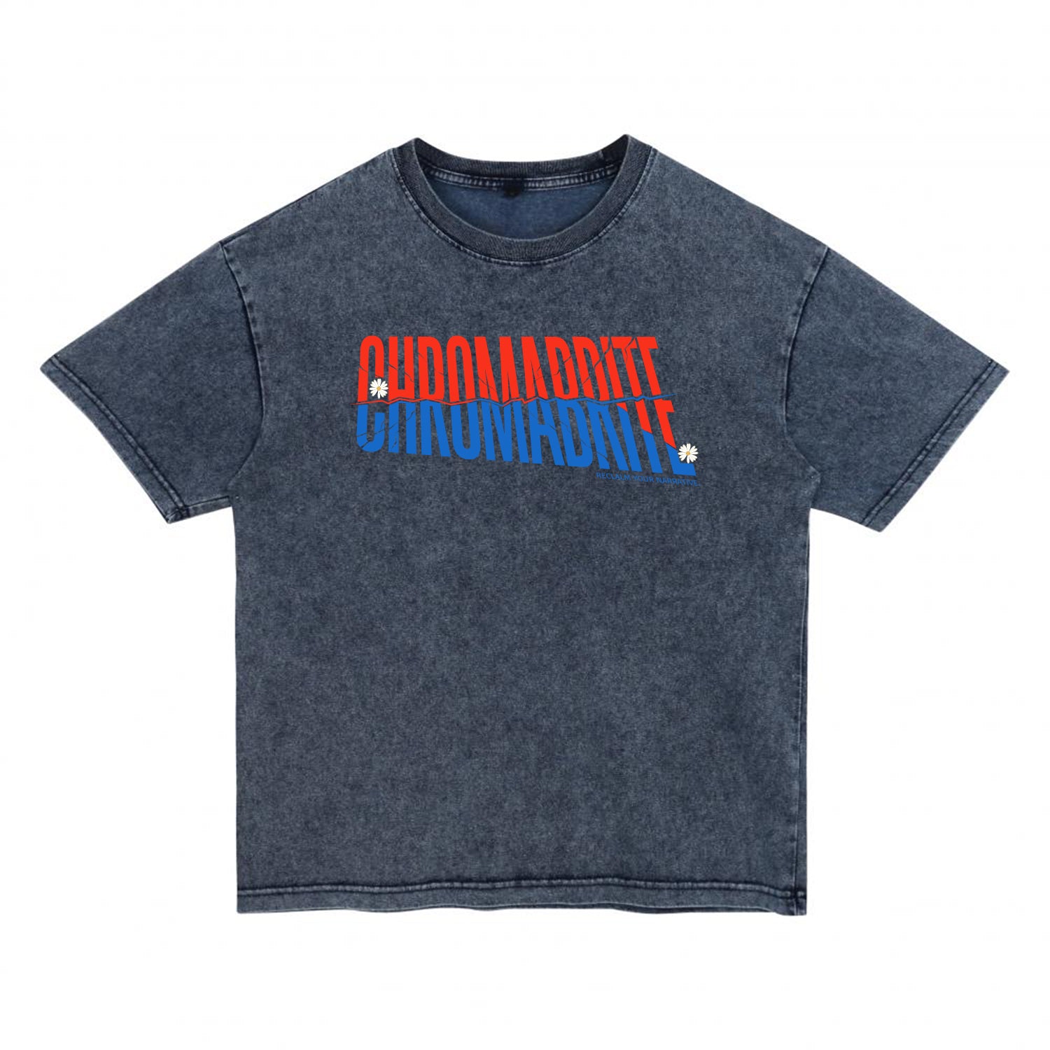 Front view of blue t恤 featuring Diagonal Narrative Wordmark Denim Washed Tee