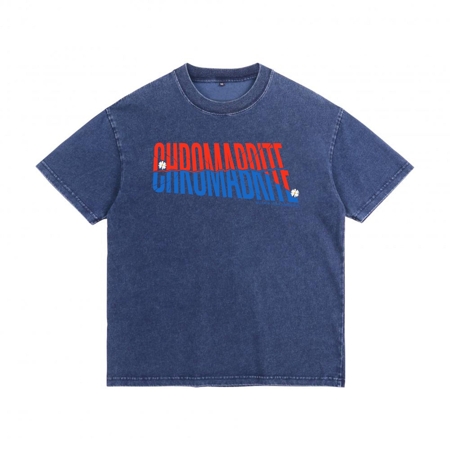 Front view of blue t恤 featuring Diagonal Narrative Wordmark Denim Washed Tee - 展示2