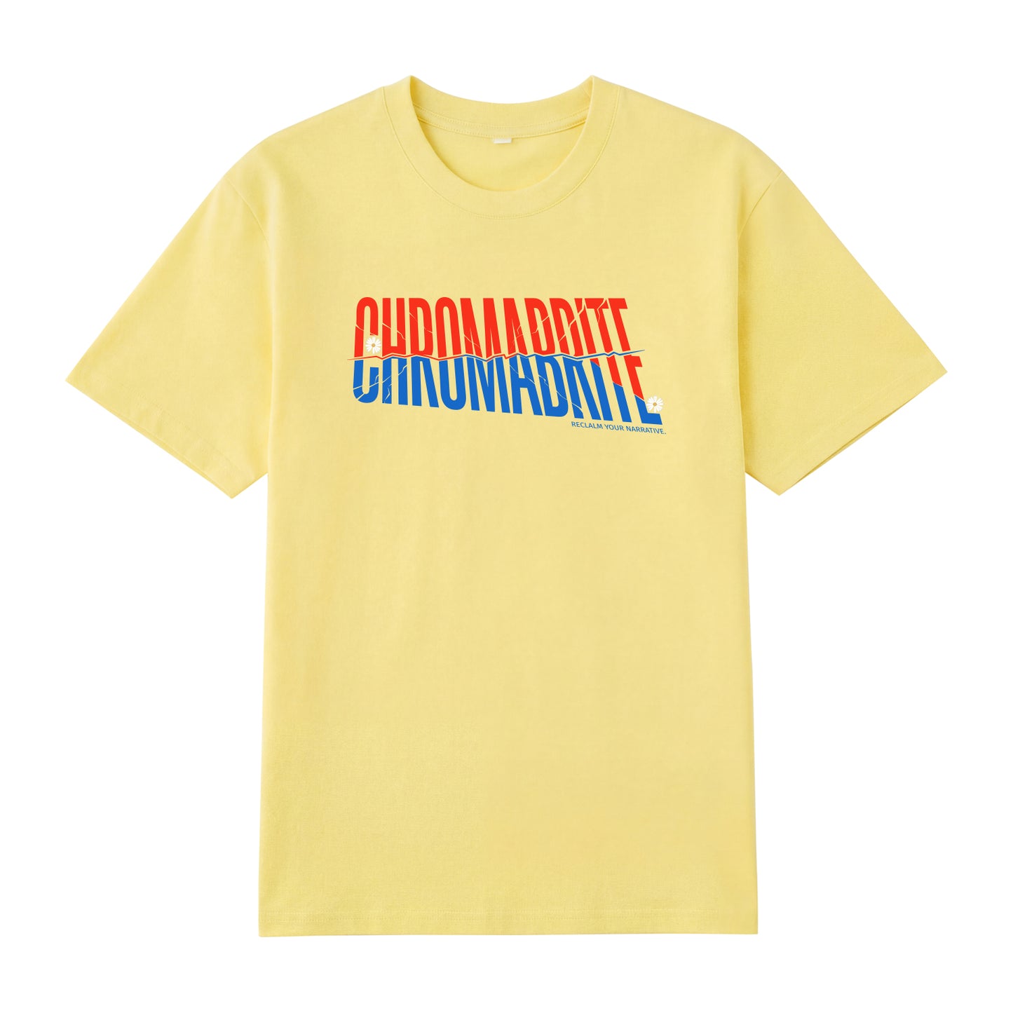 Detail view of yellow t恤 featuring Diagonal Narrative Wordmark Staple Tee