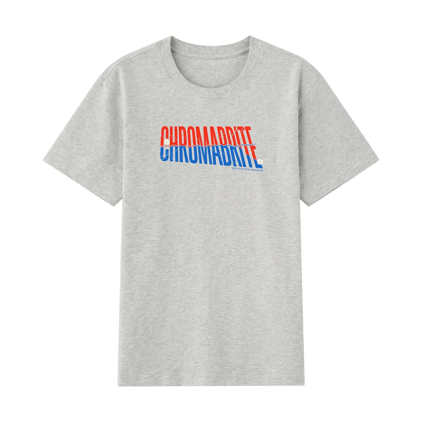 Detail view of grey t恤 featuring Diagonal Narrative Wordmark Staple Tee
