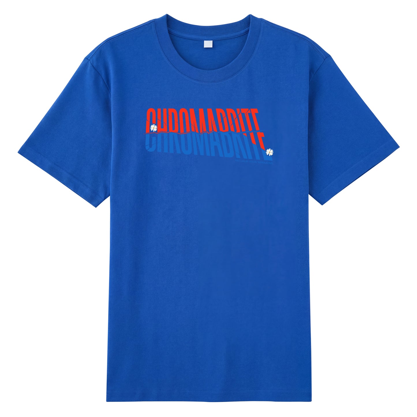 Detail view of blue t恤 featuring Diagonal Narrative Wordmark Staple Tee