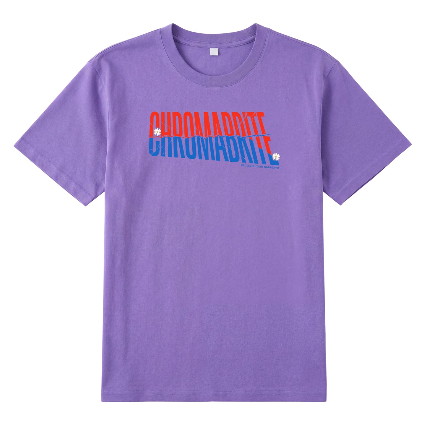 Detail view of purple t恤 featuring Diagonal Narrative Wordmark Staple Tee