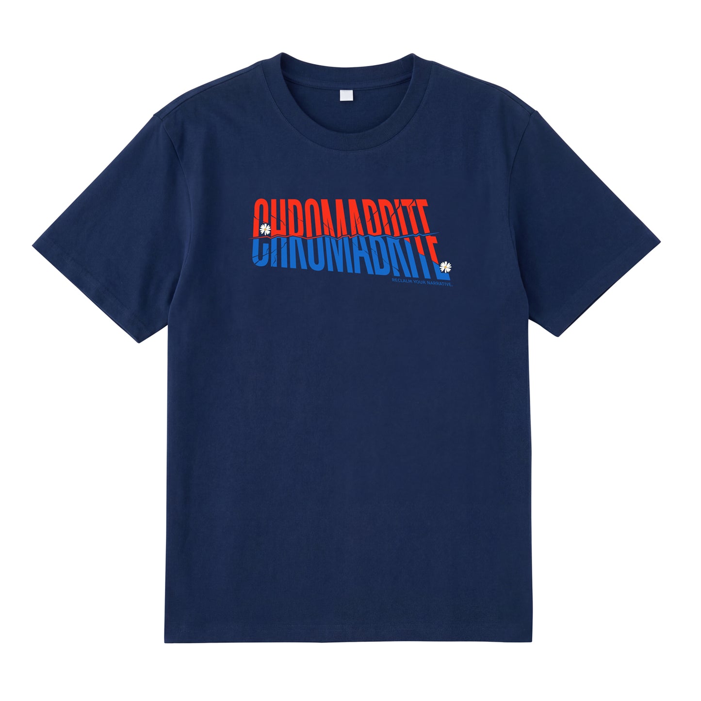 Detail view of navy t恤 featuring Diagonal Narrative Wordmark Staple Tee