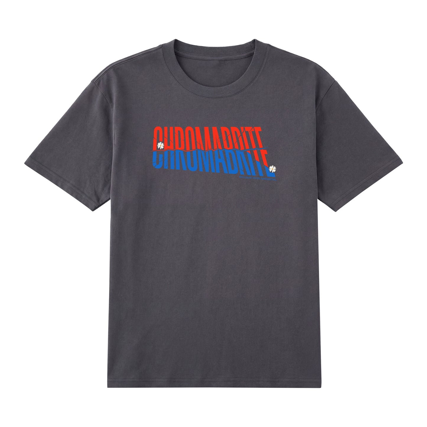 Detail view of grey t恤 featuring Diagonal Narrative Wordmark Staple Tee