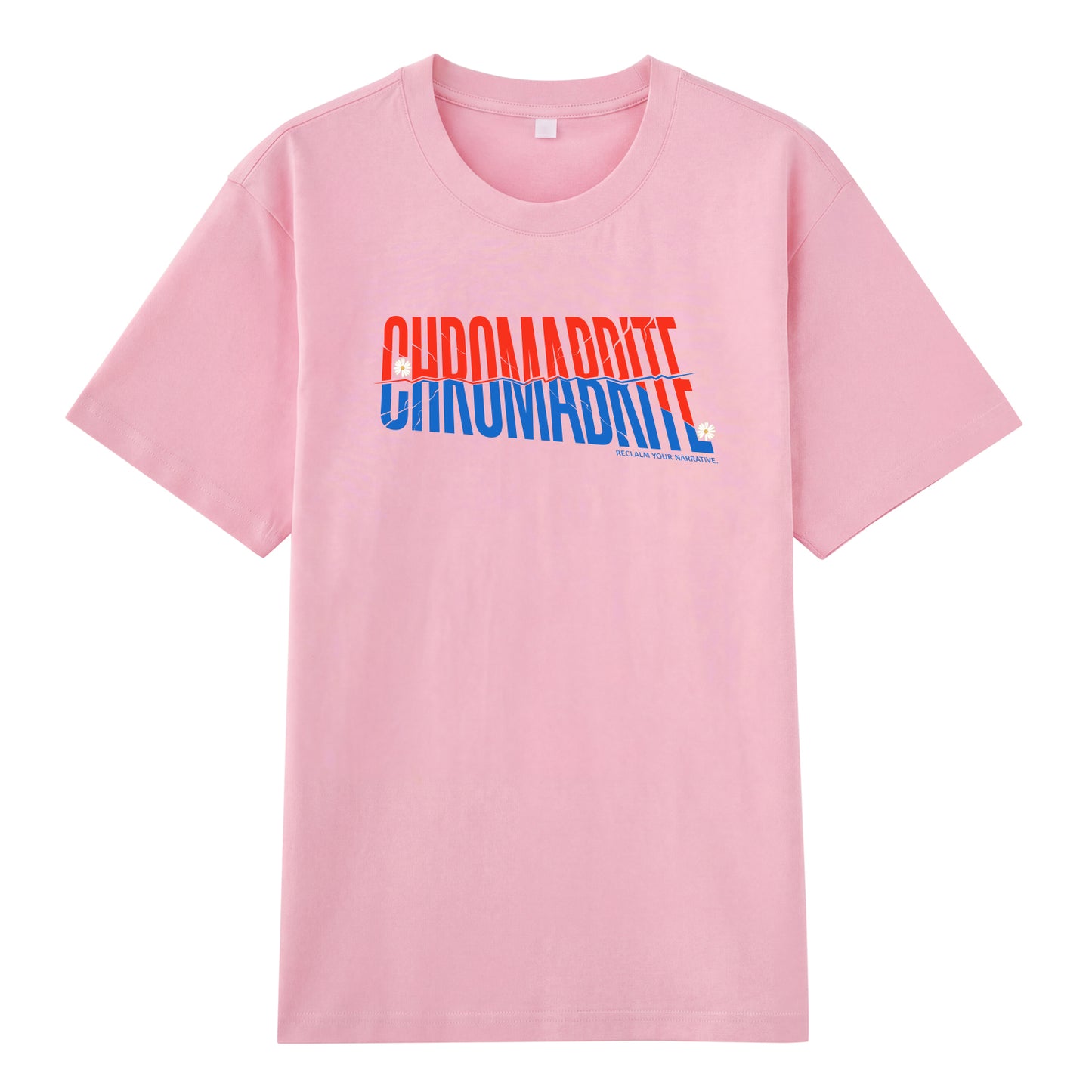 Detail view of pink t恤 featuring Diagonal Narrative Wordmark Staple Tee