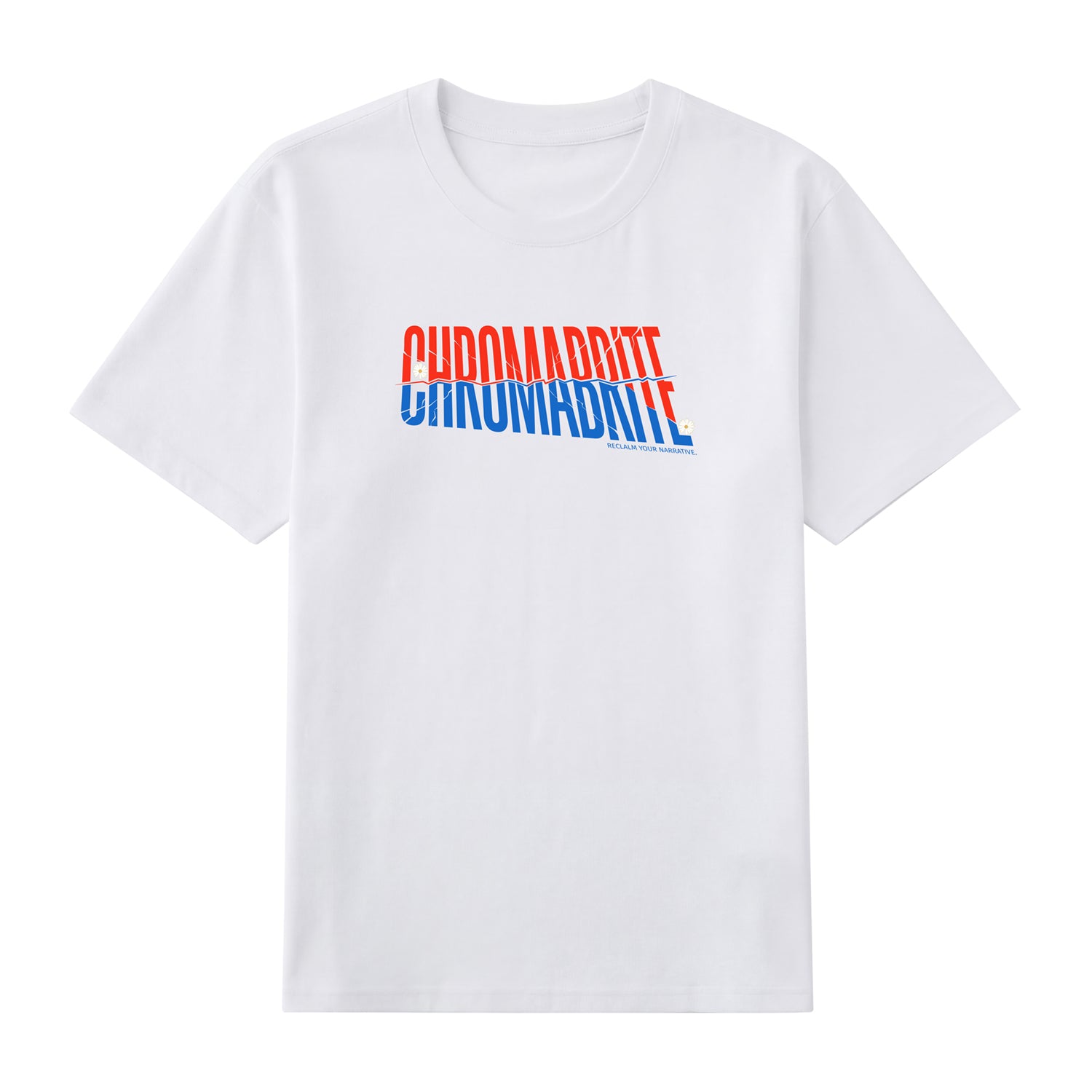 Detail view of white t恤 featuring Diagonal Narrative Wordmark Staple Tee