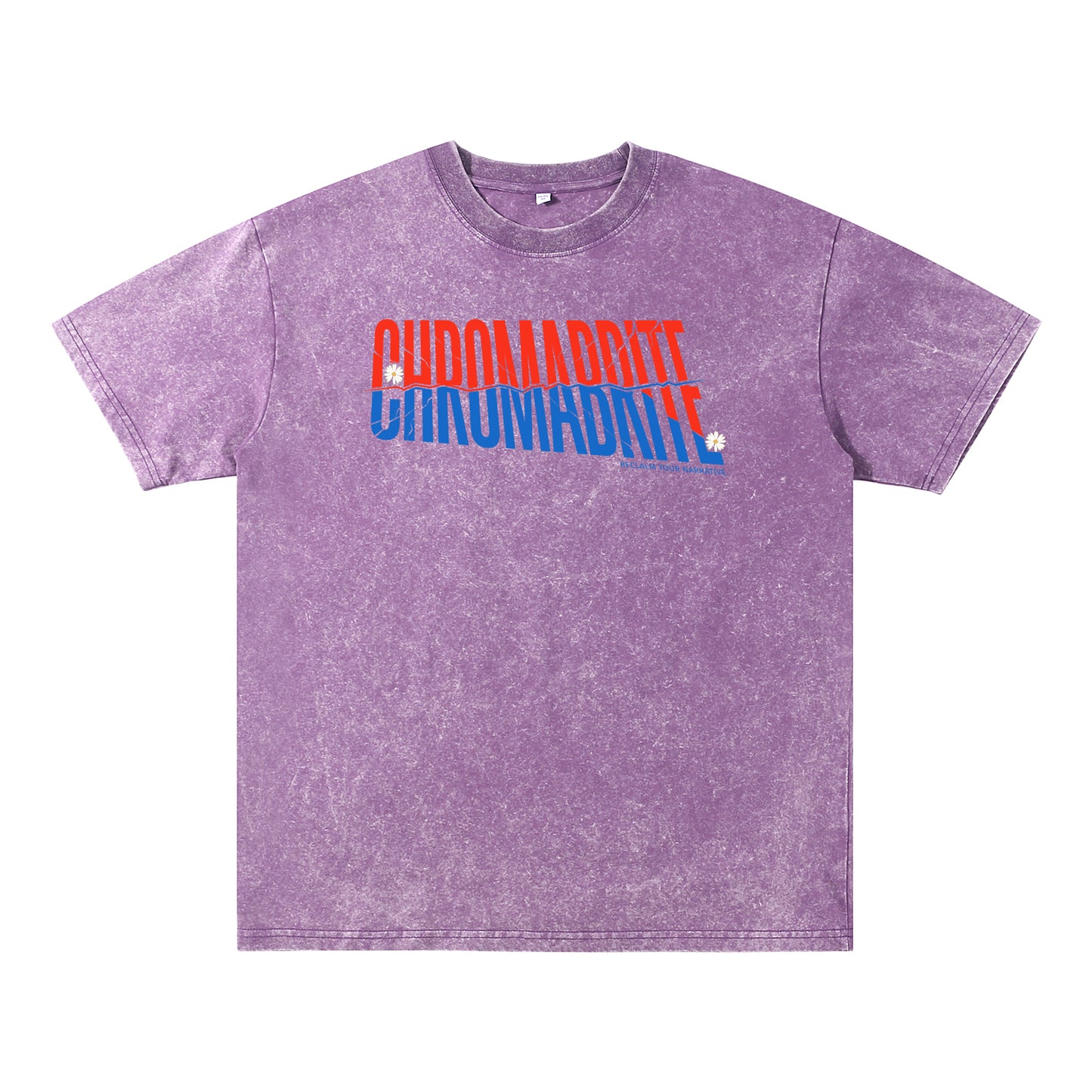 Detail view of purple t恤 featuring Diagonal Narrative Wordmark Vintage Tee