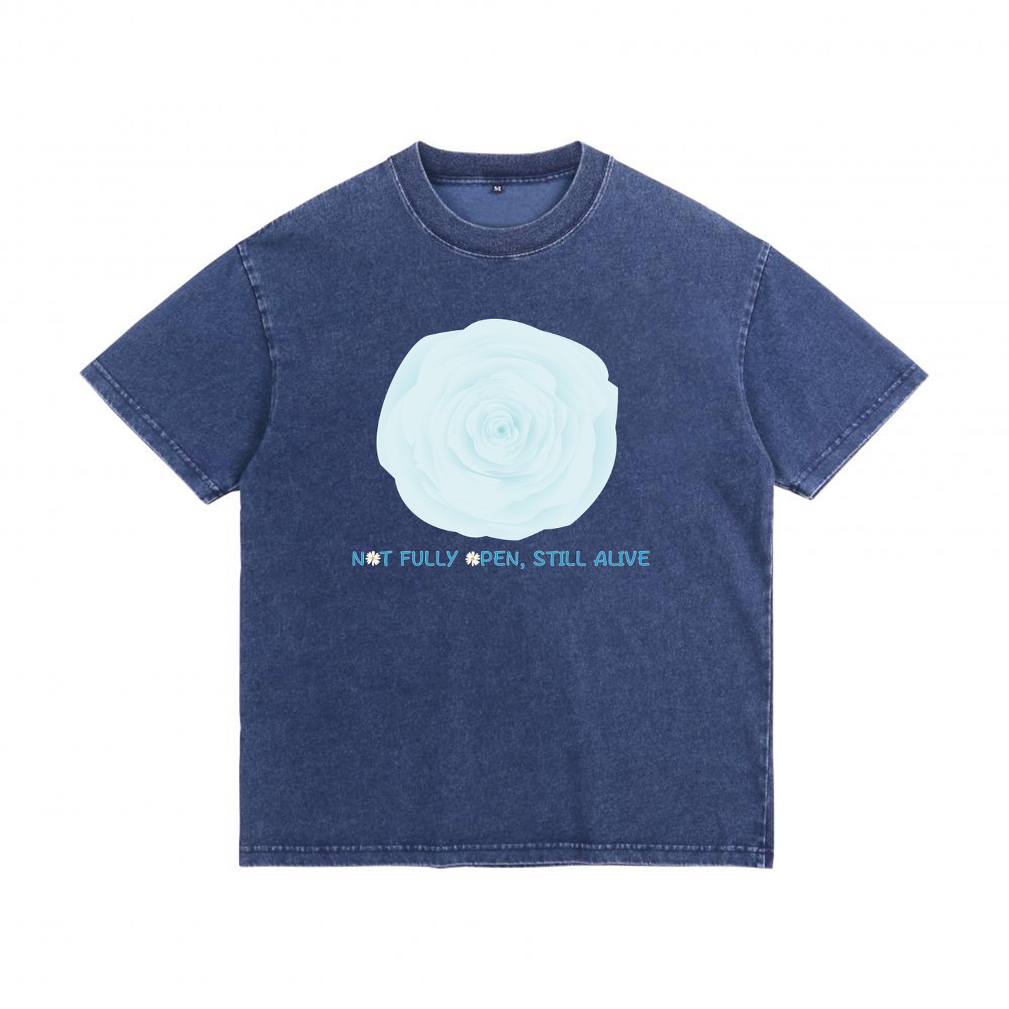 Front view of blue t恤 featuring NOT FULLY OPEN STILL ALIVE Denim Washed Tee - 展示2