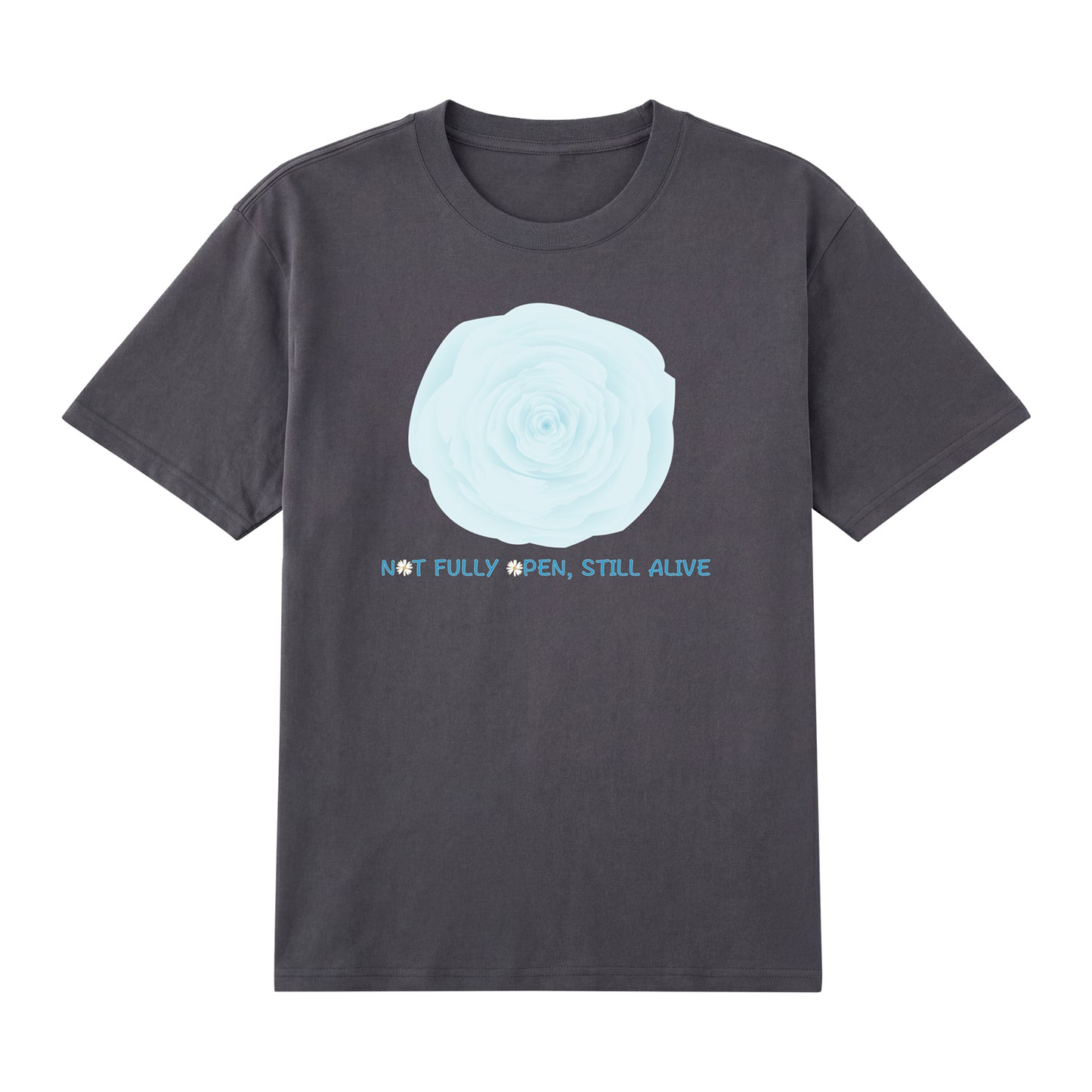 Detail view of grey t恤 featuring NOT FULLY OPEN STILL ALIVE Staple Tee - 展示2