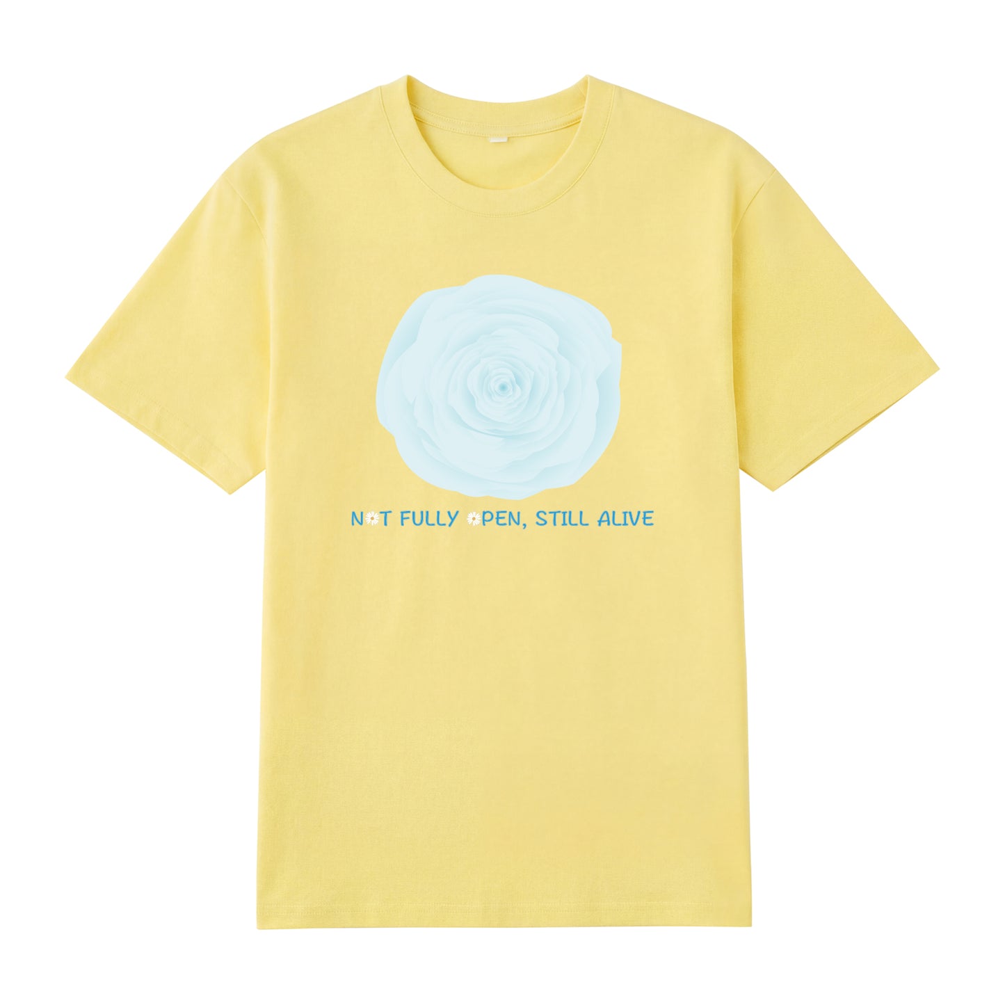 Detail view of yellow t恤 featuring NOT FULLY OPEN STILL ALIVE Staple Tee
