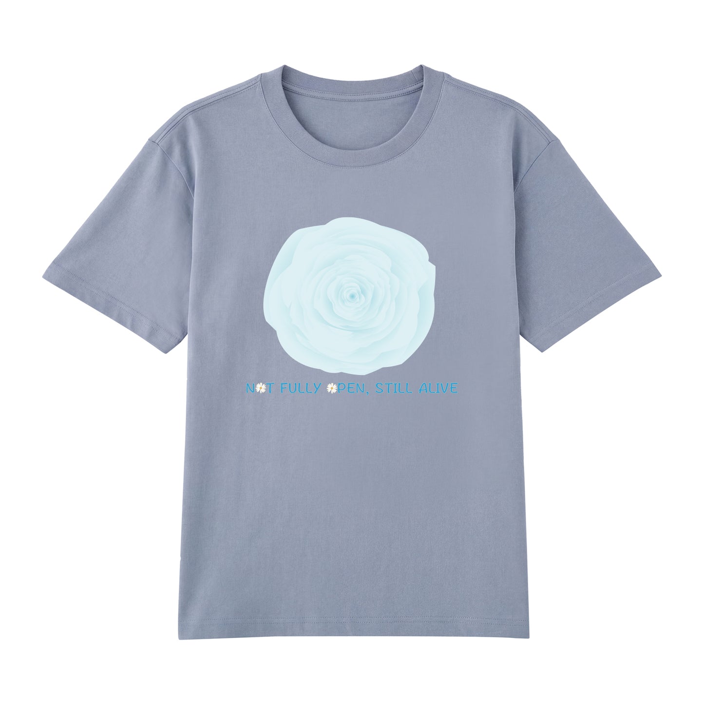 Detail view of blue t恤 featuring NOT FULLY OPEN STILL ALIVE Staple Tee