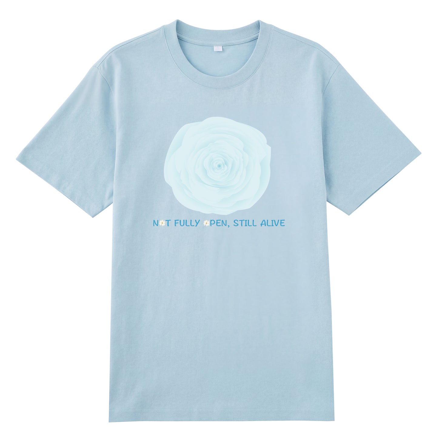 Detail view of blue t恤 featuring NOT FULLY OPEN STILL ALIVE Staple Tee - 展示2