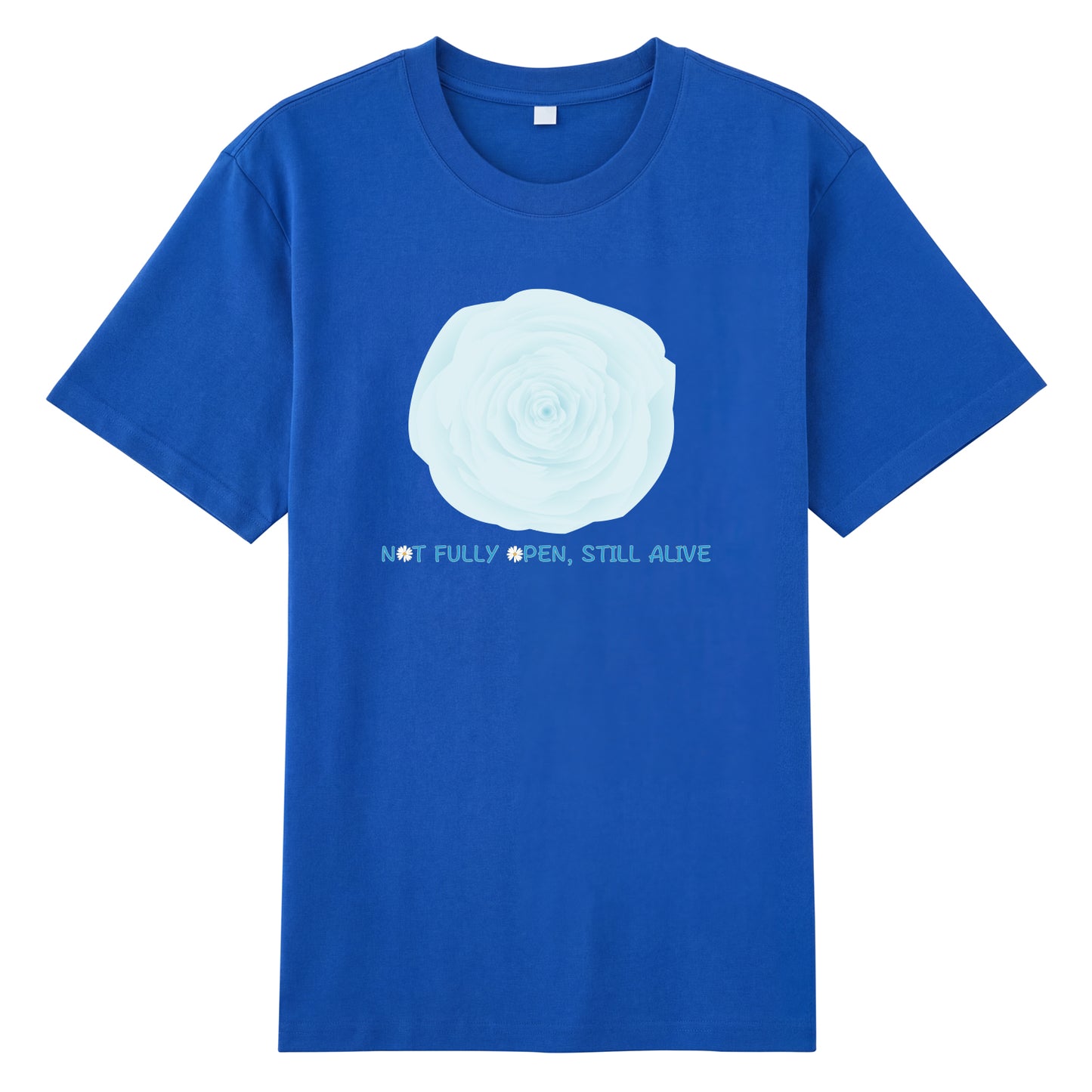Detail view of blue t恤 featuring NOT FULLY OPEN STILL ALIVE Staple Tee