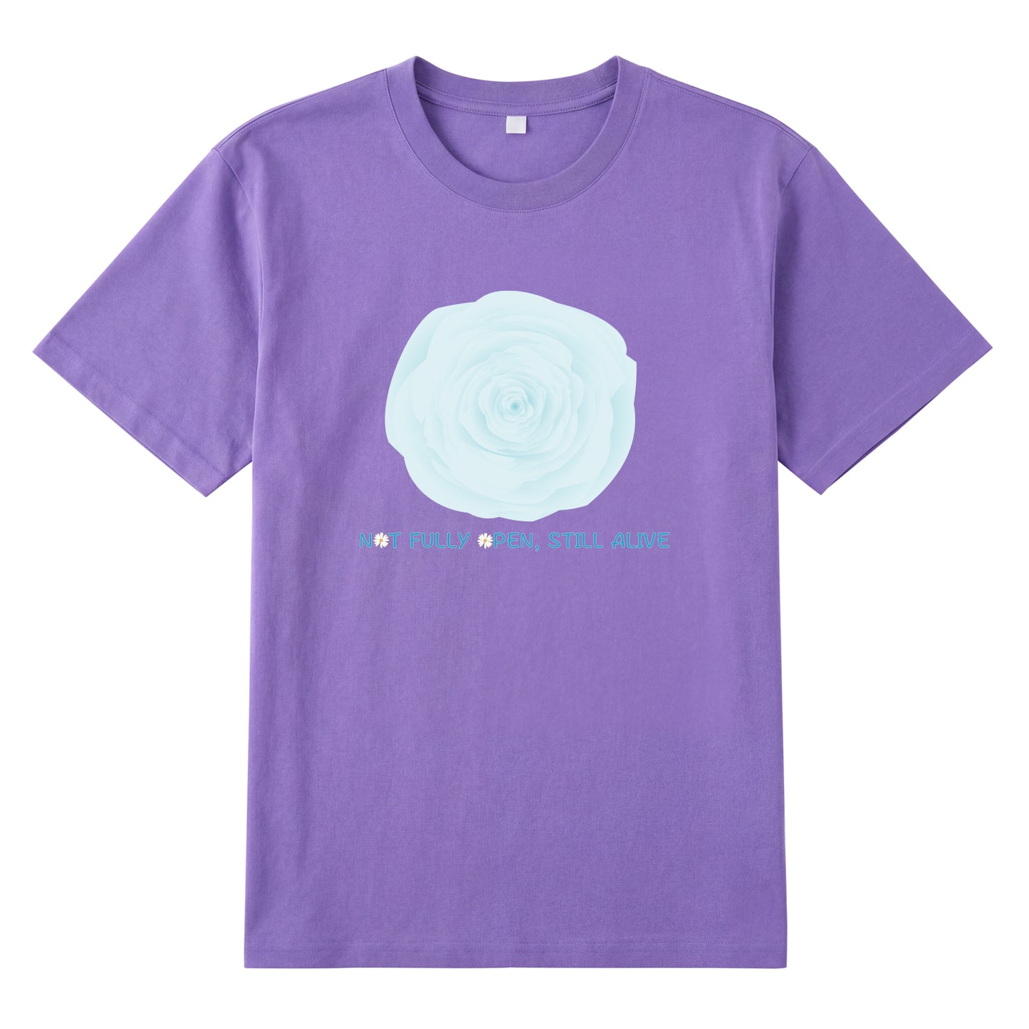 Detail view of purple t恤 featuring NOT FULLY OPEN STILL ALIVE Staple Tee