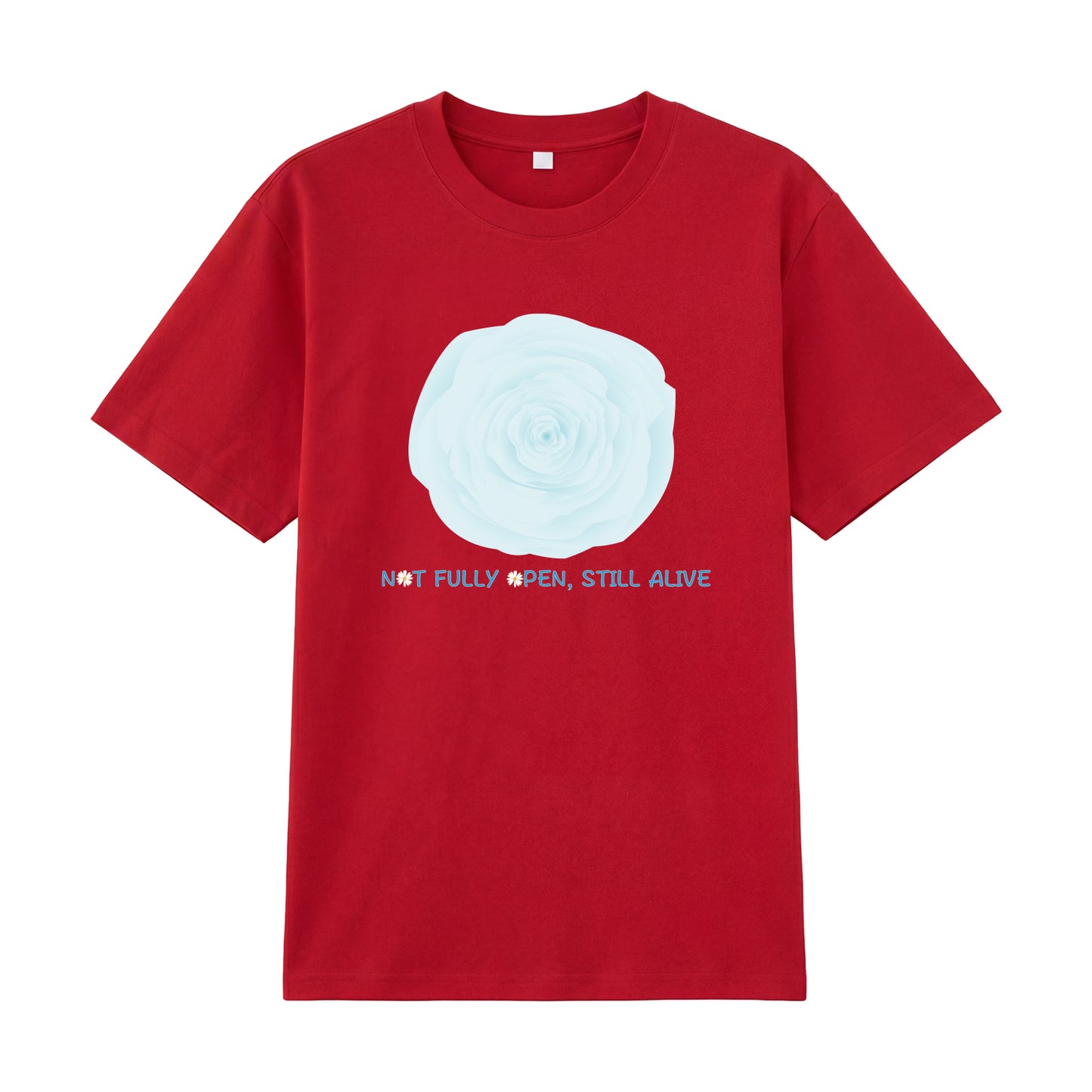 Detail view of red t恤 featuring NOT FULLY OPEN STILL ALIVE Staple Tee