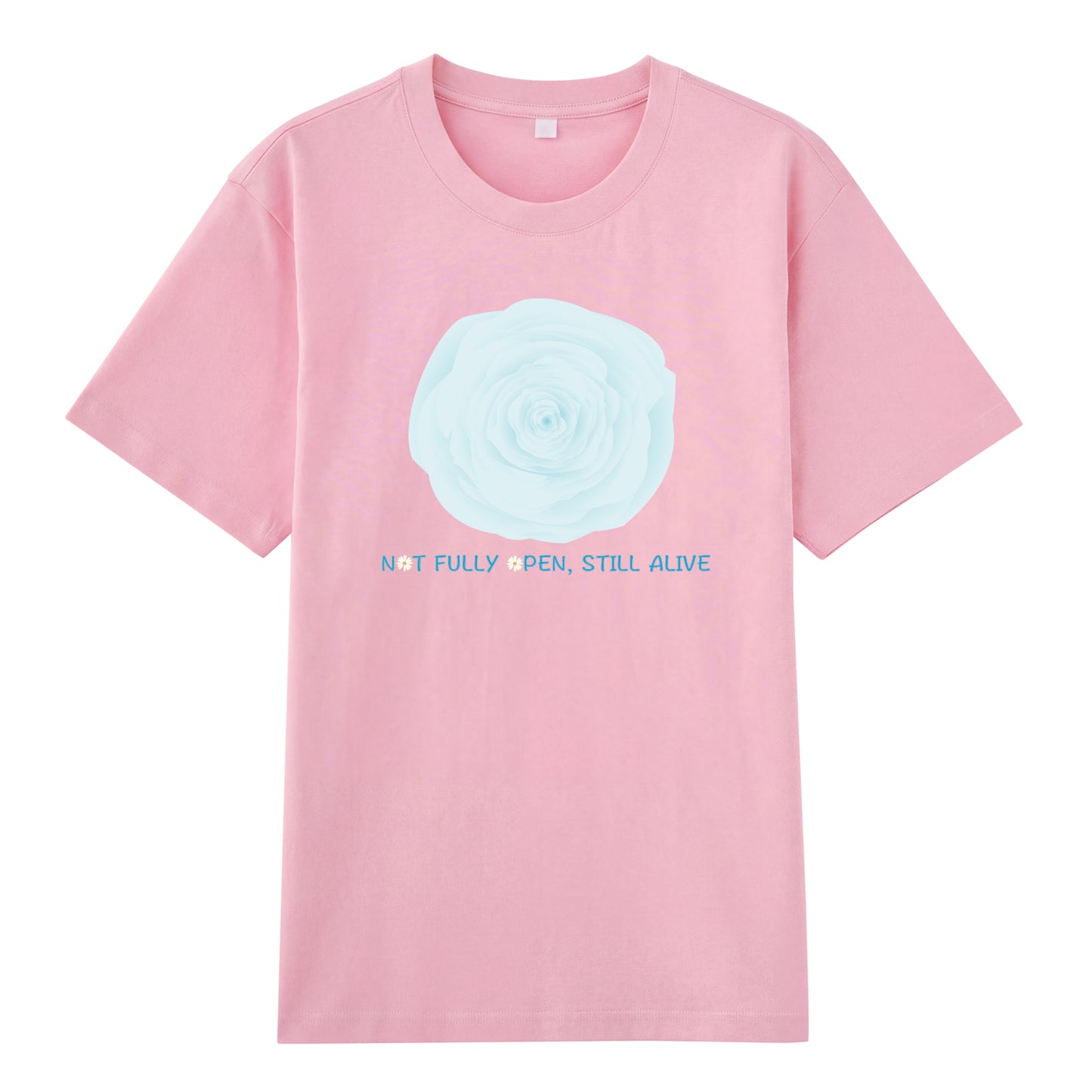 Detail view of pink t恤 featuring NOT FULLY OPEN STILL ALIVE Staple Tee