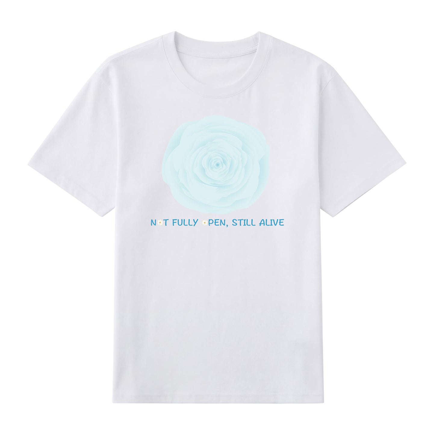 Front view of white t恤 featuring NOT FULLY OPEN STILL ALIVE Staple Tee