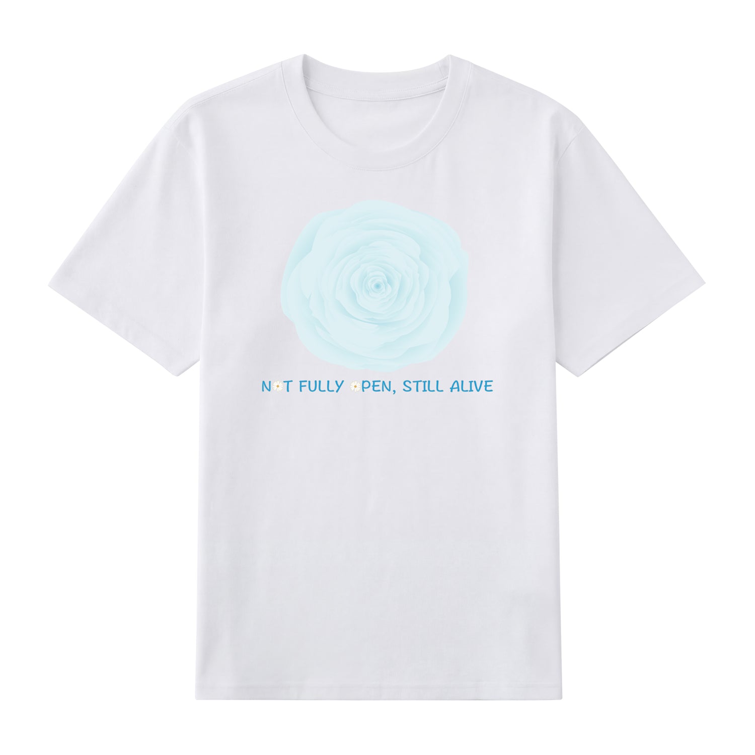 Front view of white t恤 featuring NOT FULLY OPEN STILL ALIVE Staple Tee