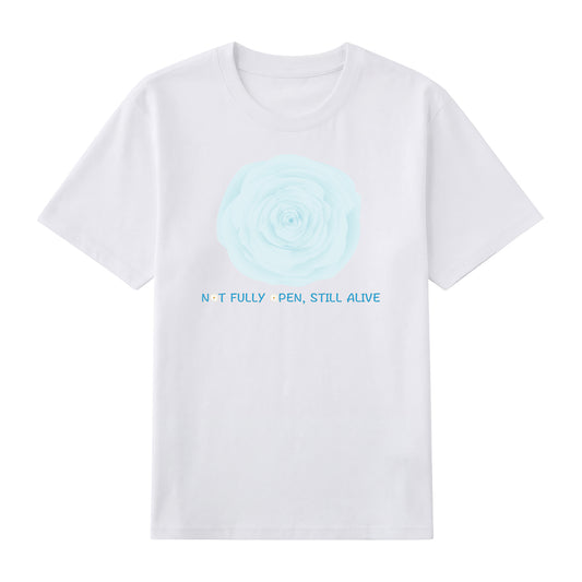 Front view of white t恤 featuring NOT FULLY OPEN STILL ALIVE Staple Tee