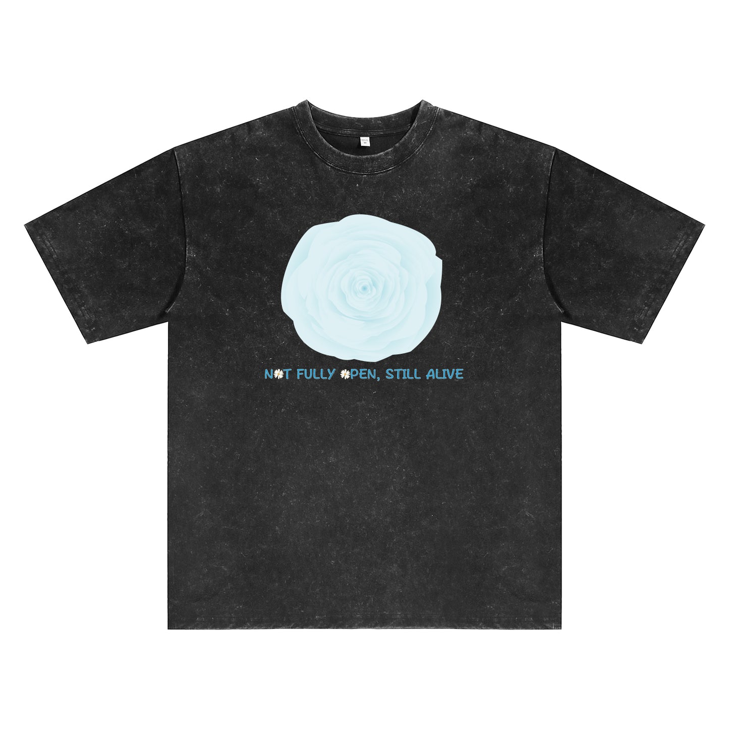 Detail view of black t恤 featuring NOT FULLY OPEN STILL ALIVE Vintage Tee