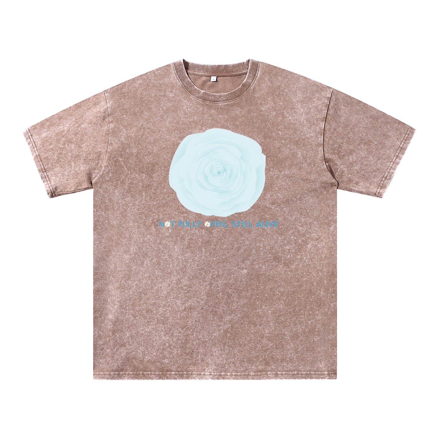 Detail view of brown t恤 featuring NOT FULLY OPEN STILL ALIVE Vintage Tee