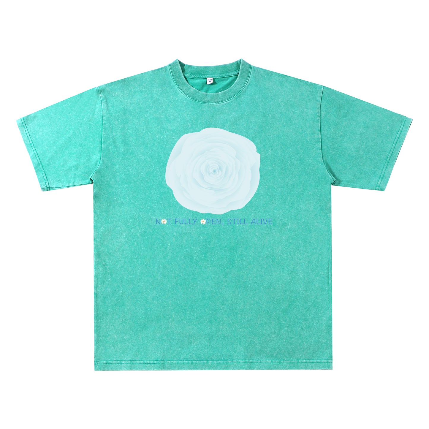 Detail view of green t恤 featuring NOT FULLY OPEN STILL ALIVE Vintage Tee