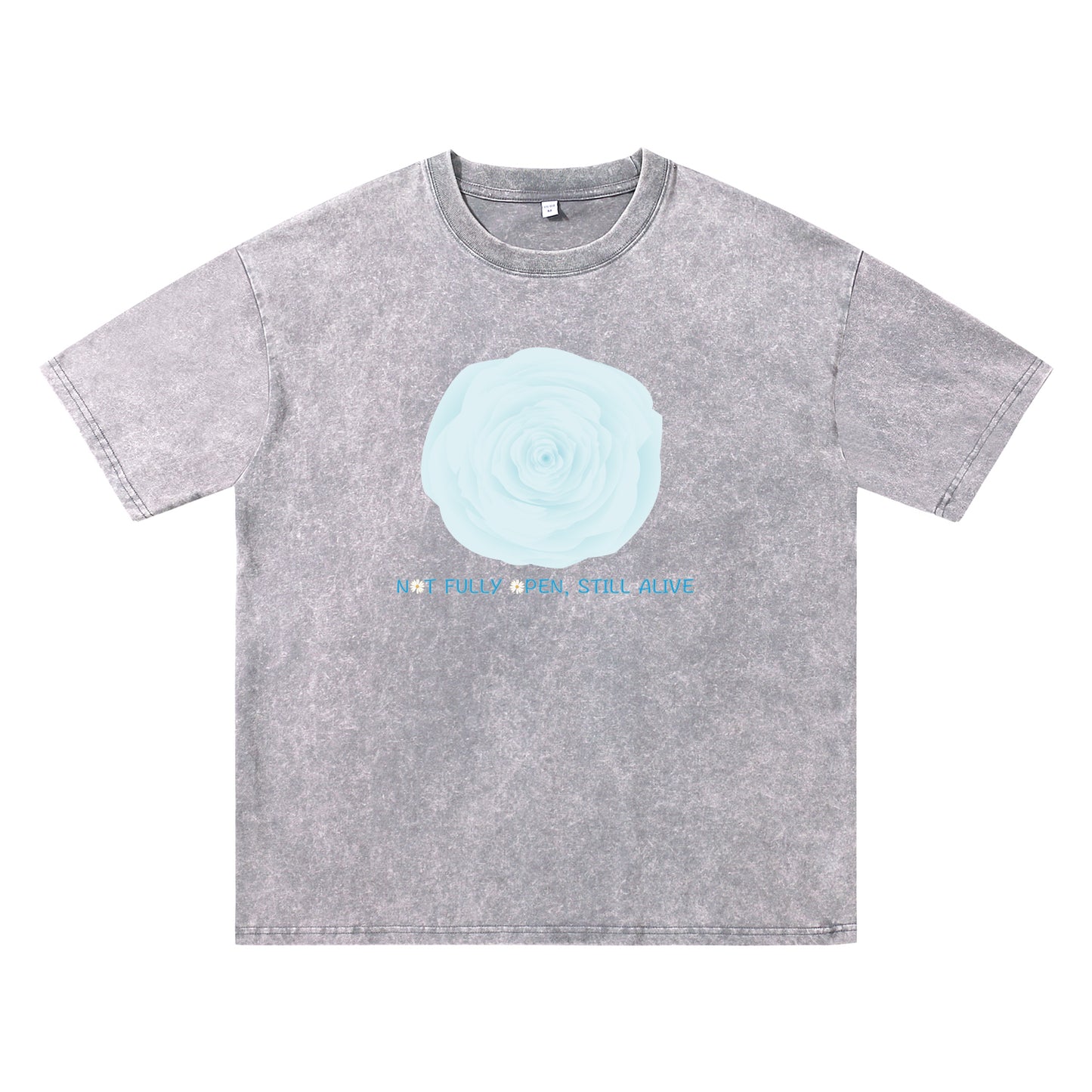 Detail view of grey t恤 featuring NOT FULLY OPEN STILL ALIVE Vintage Tee