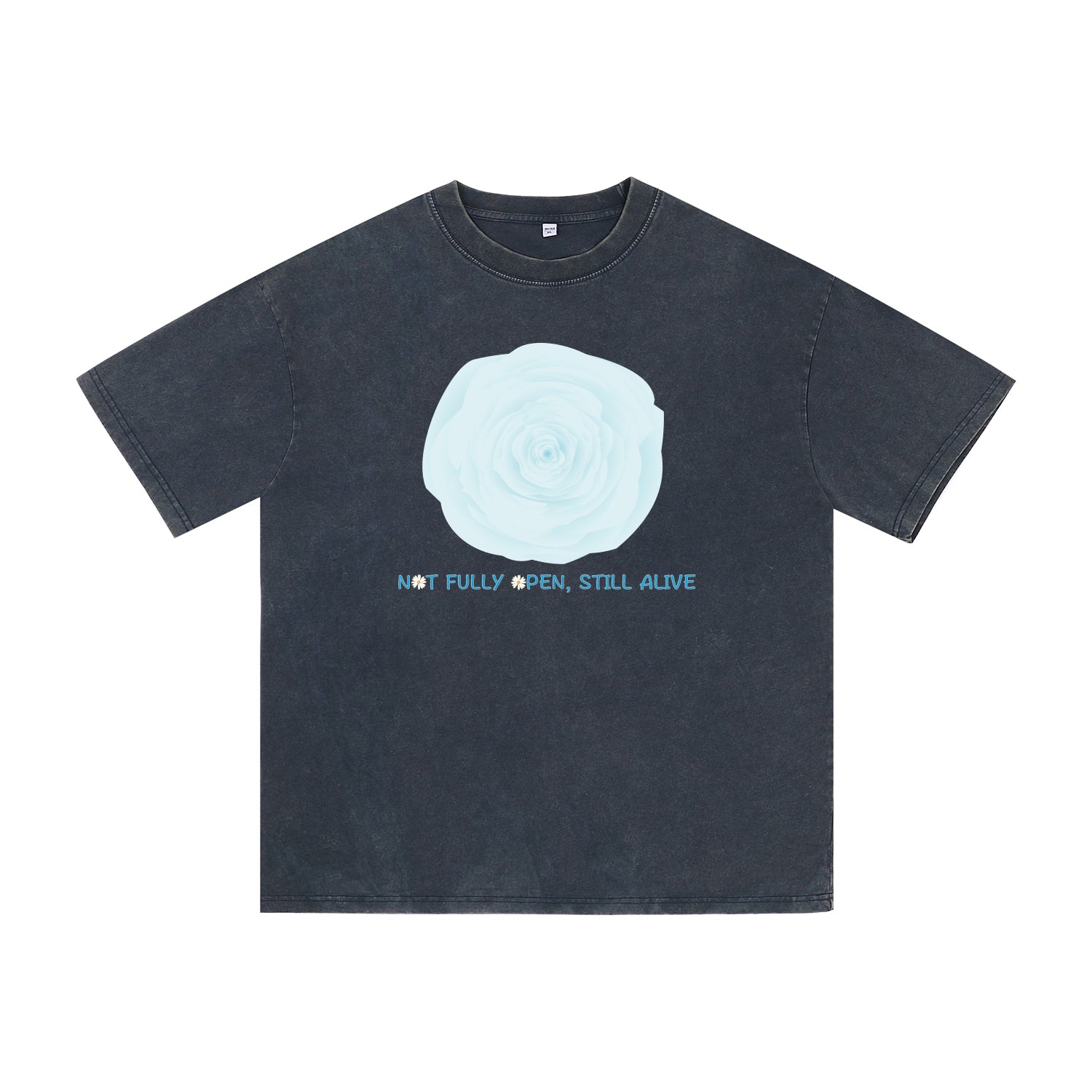 Front view of blue t恤 featuring NOT FULLY OPEN STILL ALIVE Vintage Tee