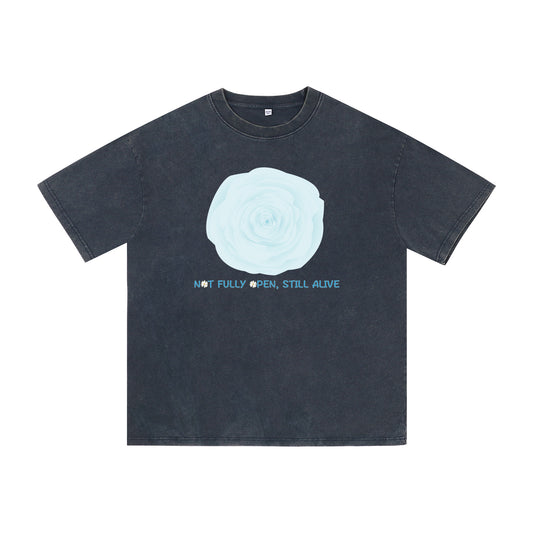 Front view of blue t恤 featuring NOT FULLY OPEN STILL ALIVE Vintage Tee