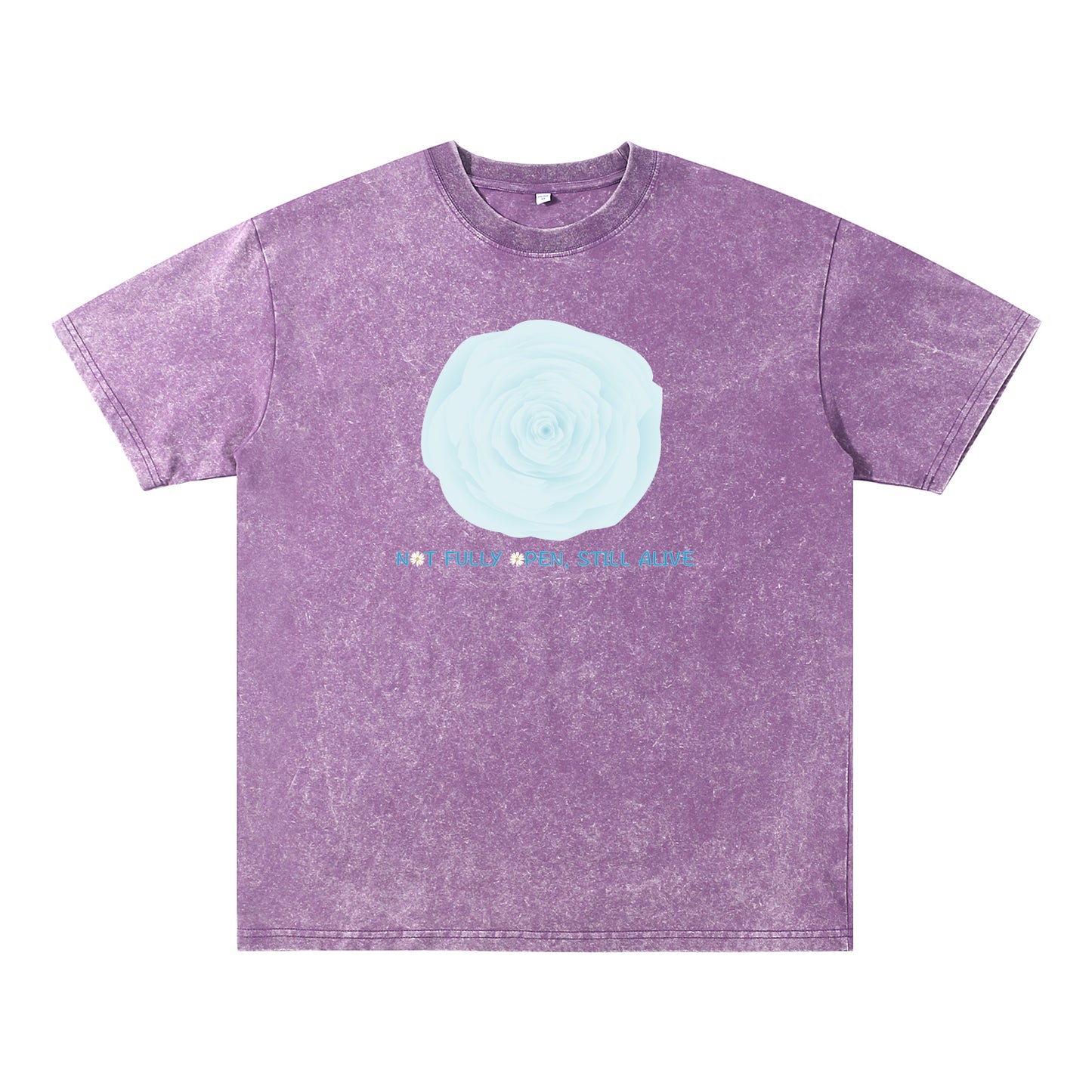 Detail view of purple t恤 featuring NOT FULLY OPEN STILL ALIVE Vintage Tee