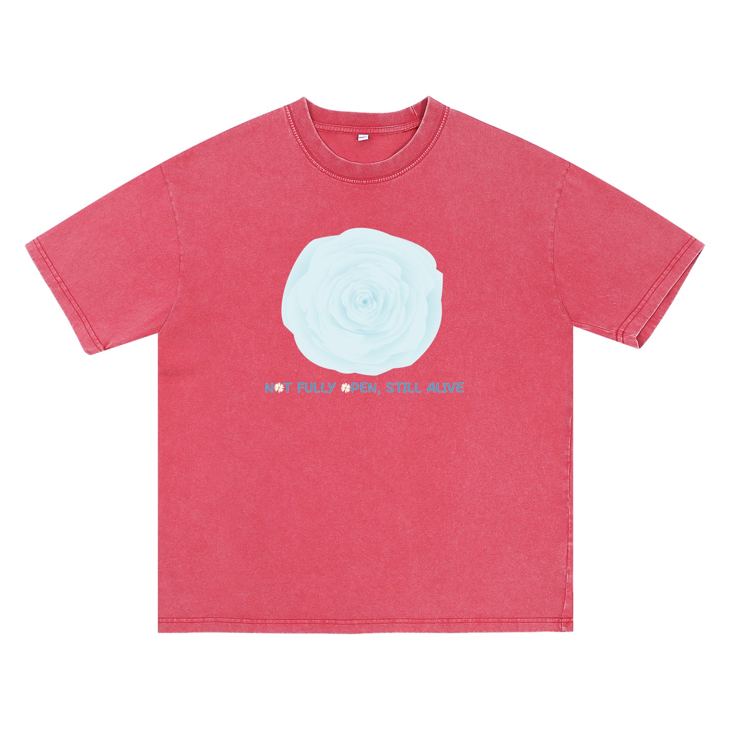 Detail view of red t恤 featuring NOT FULLY OPEN STILL ALIVE Vintage Tee