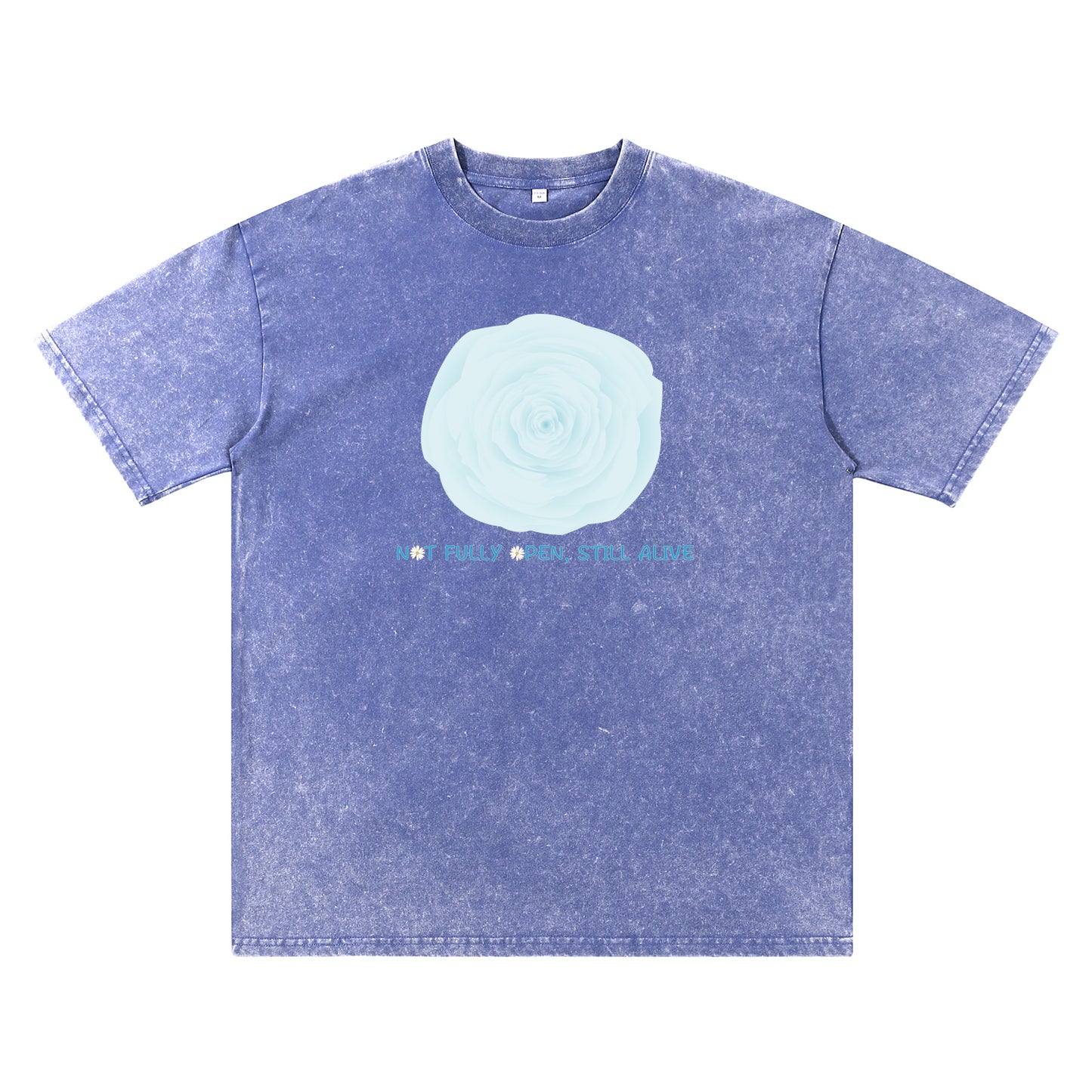 Detail view of blue t恤 featuring NOT FULLY OPEN STILL ALIVE Vintage Tee