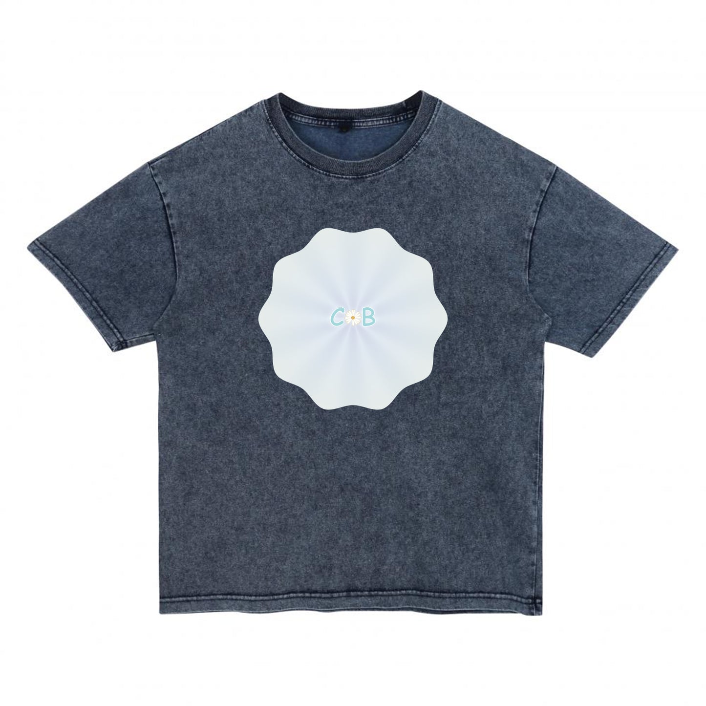 Front view of blue t恤 featuring PEARL SHELL BLOOM Denim Washed Tee