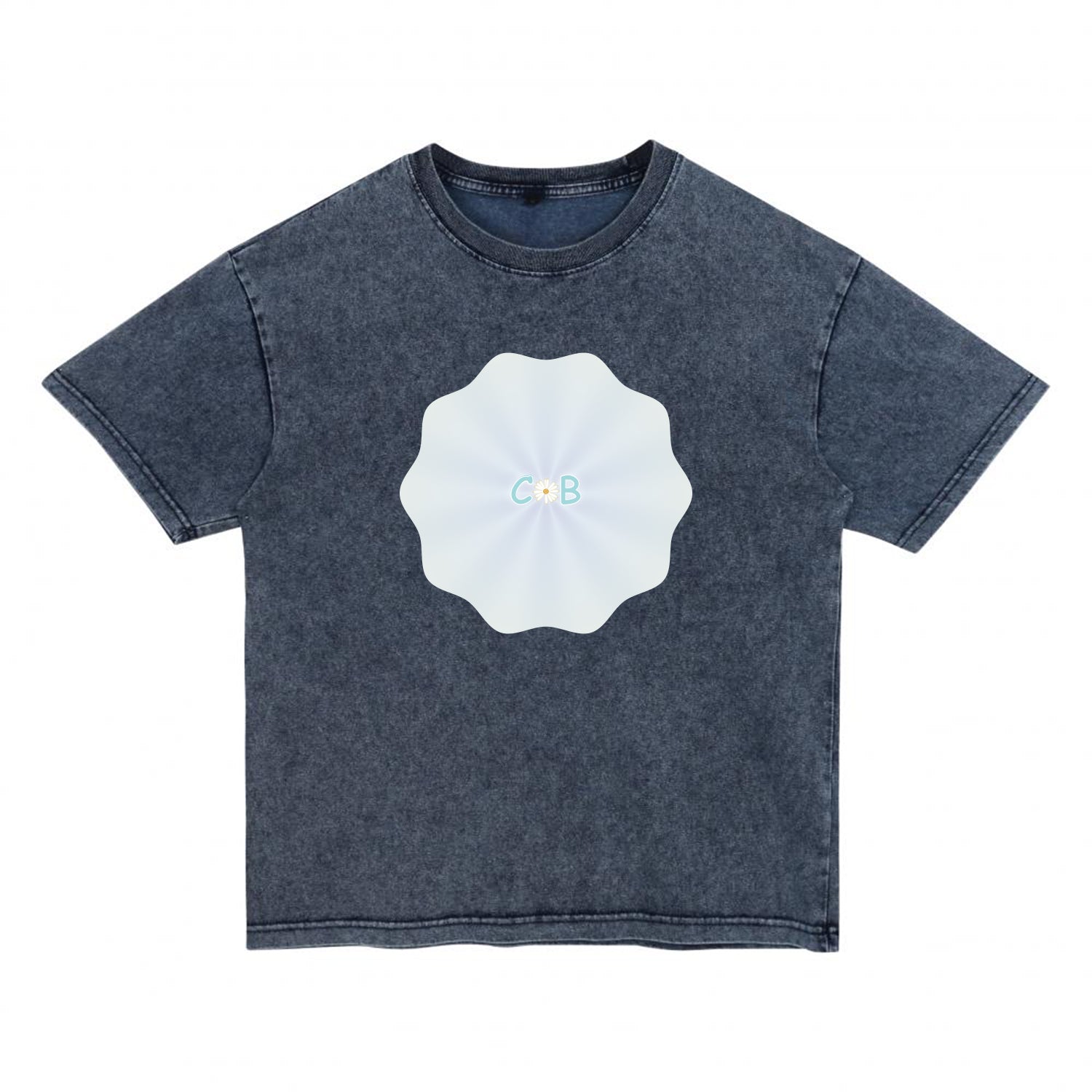 Front view of blue t恤 featuring PEARL SHELL BLOOM Denim Washed Tee