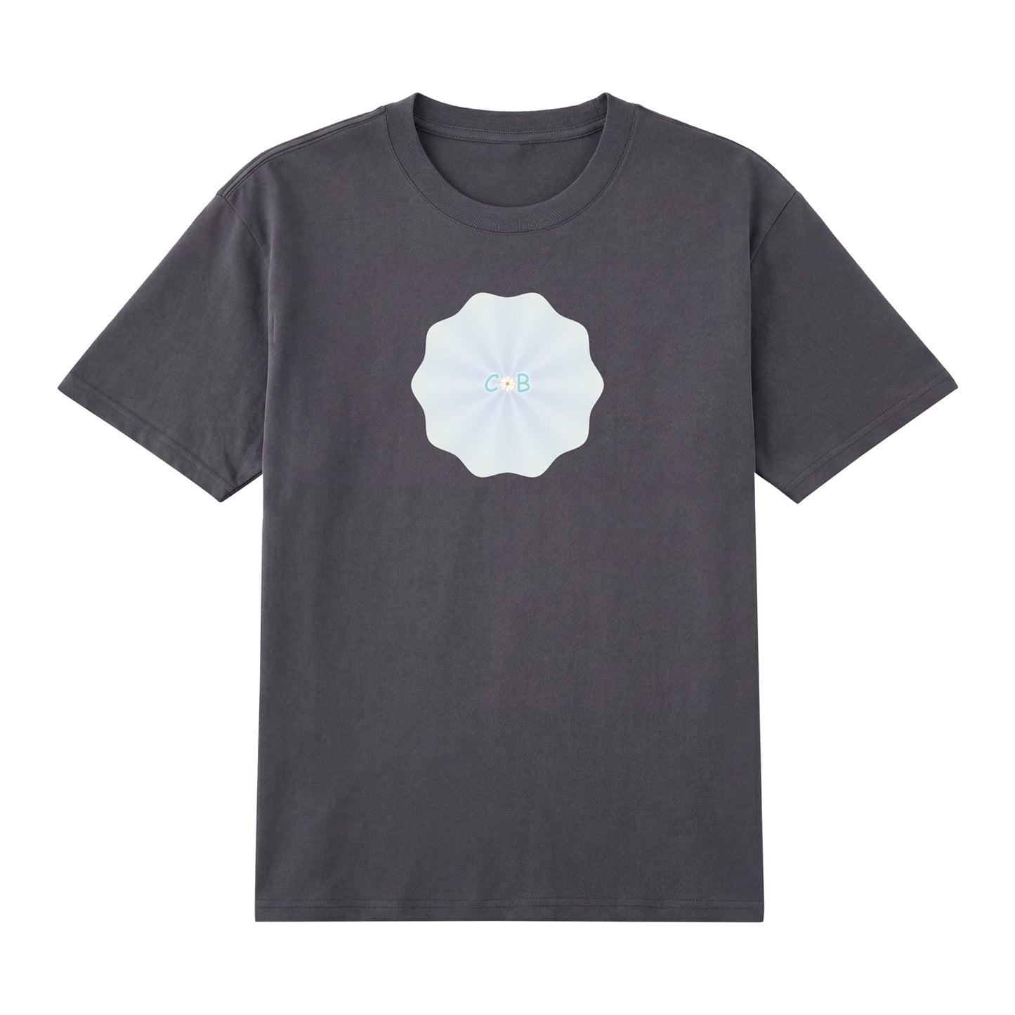 Detail view of grey t恤 featuring PEARL SHELL BLOOM Staple Tee