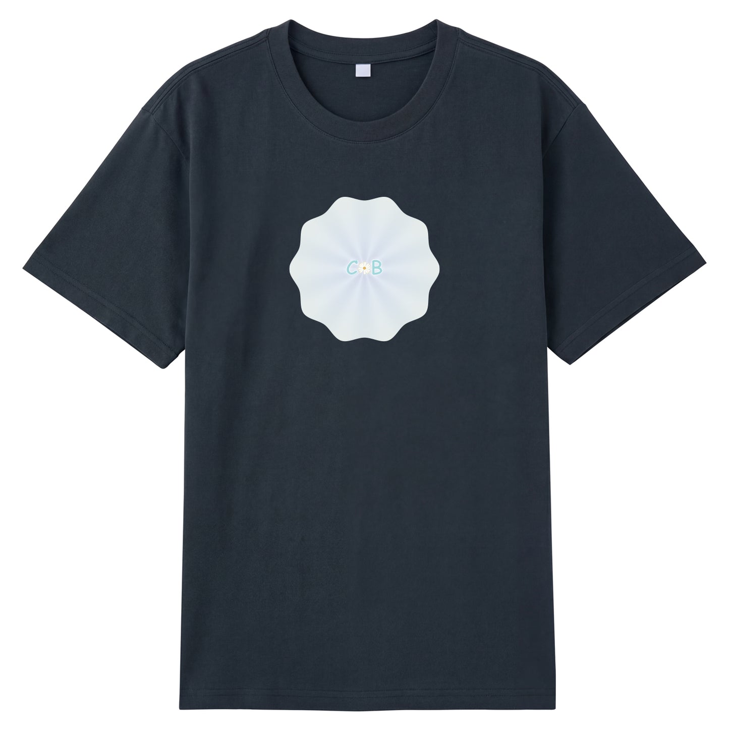Detail view of grey t恤 featuring PEARL SHELL BLOOM Staple Tee