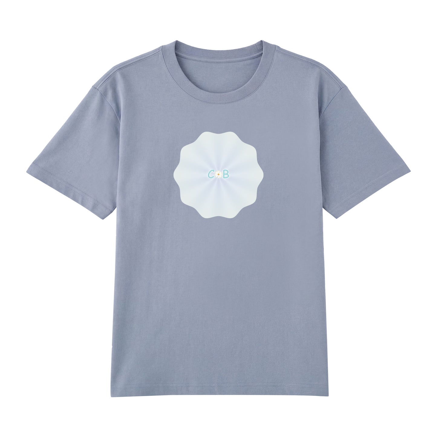 Detail view of blue t恤 featuring PEARL SHELL BLOOM Staple Tee