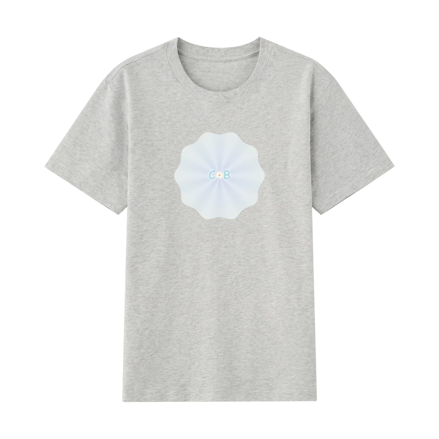 Detail view of grey t恤 featuring PEARL SHELL BLOOM Staple Tee