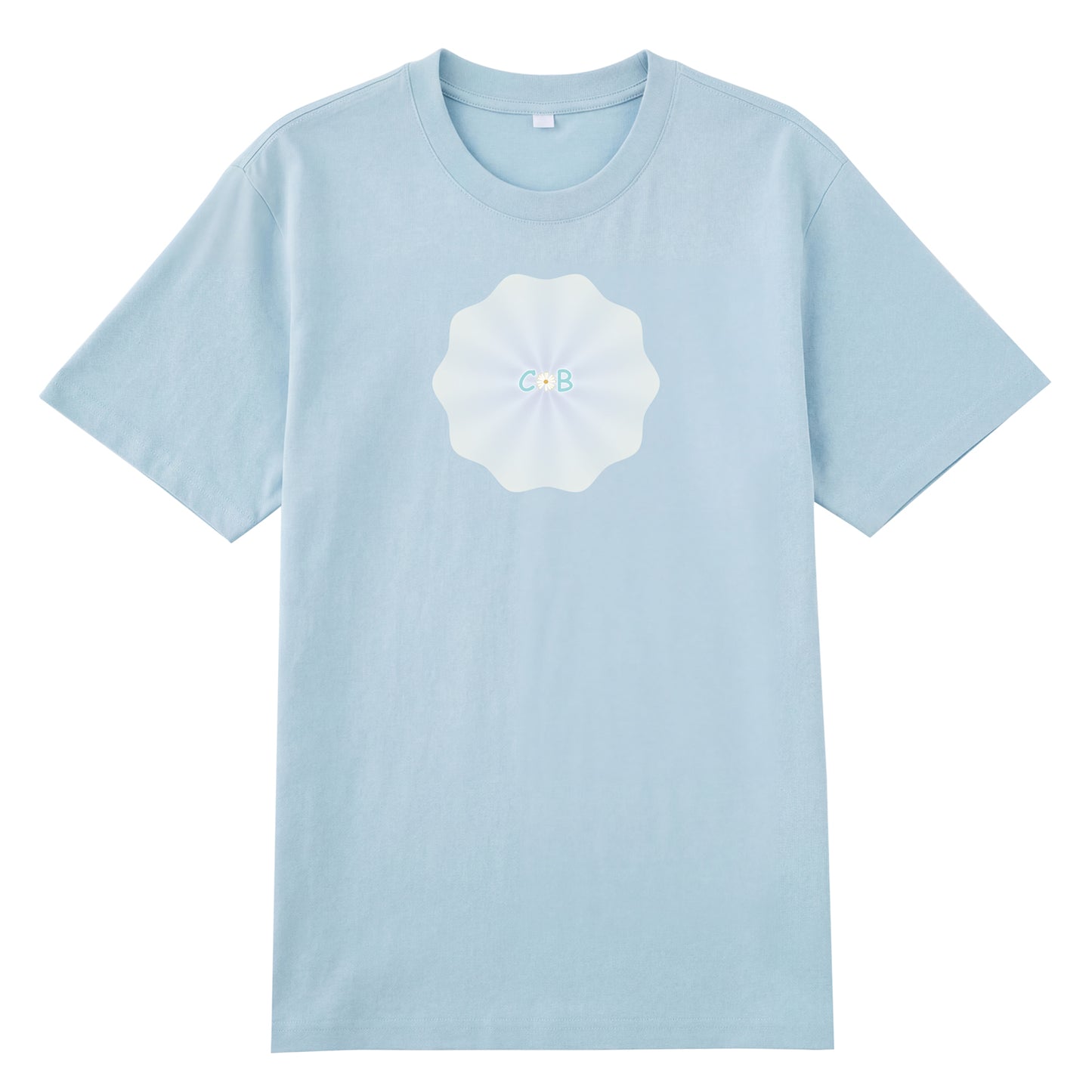 Detail view of blue t恤 featuring PEARL SHELL BLOOM Staple Tee