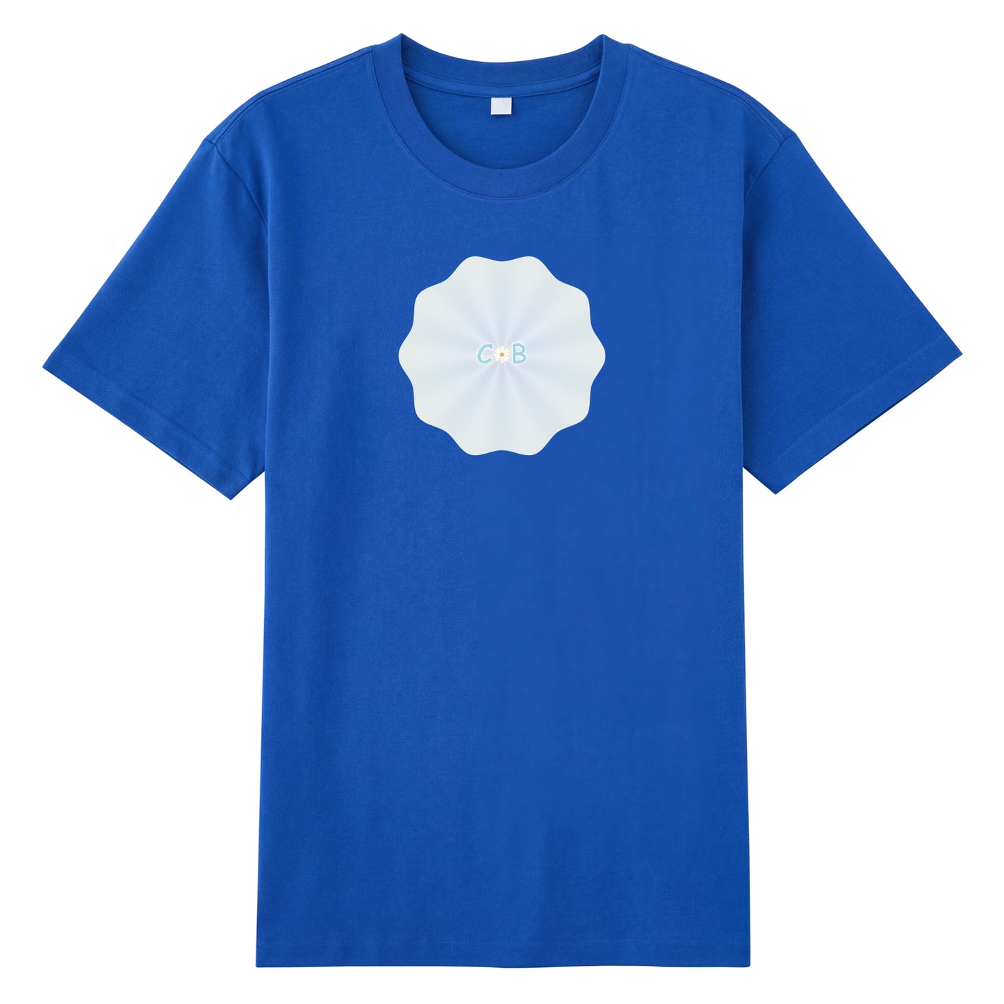 Detail view of blue t恤 featuring PEARL SHELL BLOOM Staple Tee