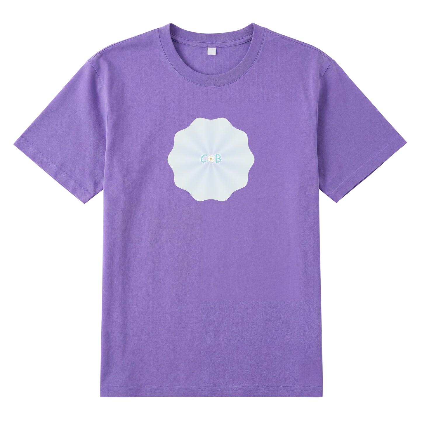 Detail view of purple t恤 featuring PEARL SHELL BLOOM Staple Tee