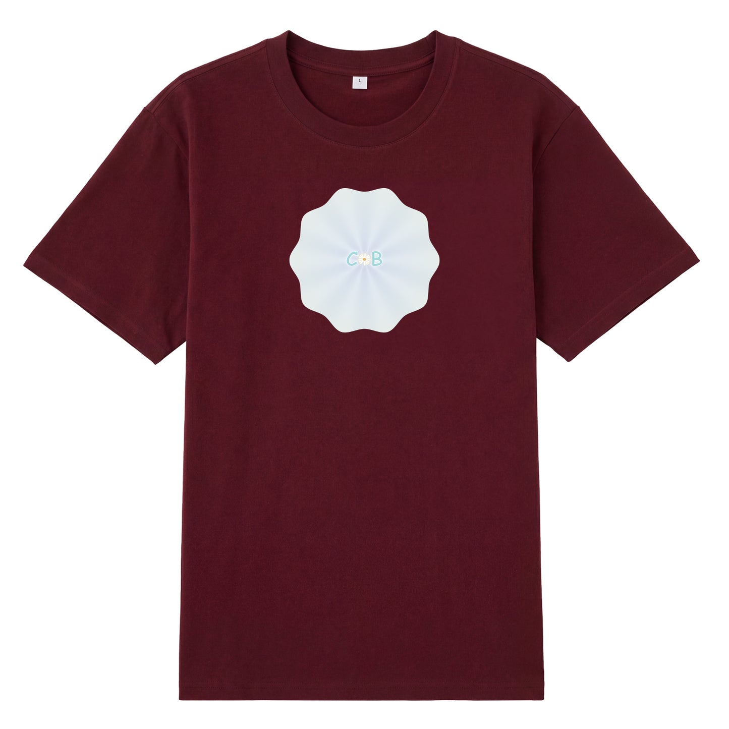 Detail view of red t恤 featuring PEARL SHELL BLOOM Staple Tee