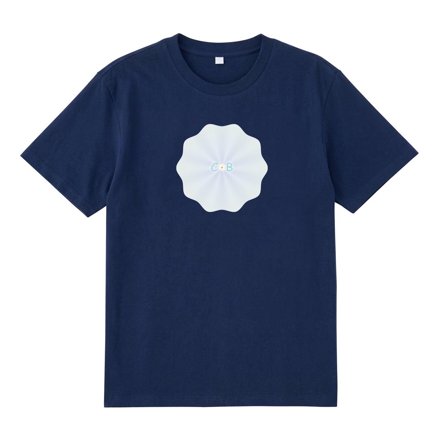 Detail view of navy t恤 featuring PEARL SHELL BLOOM Staple Tee